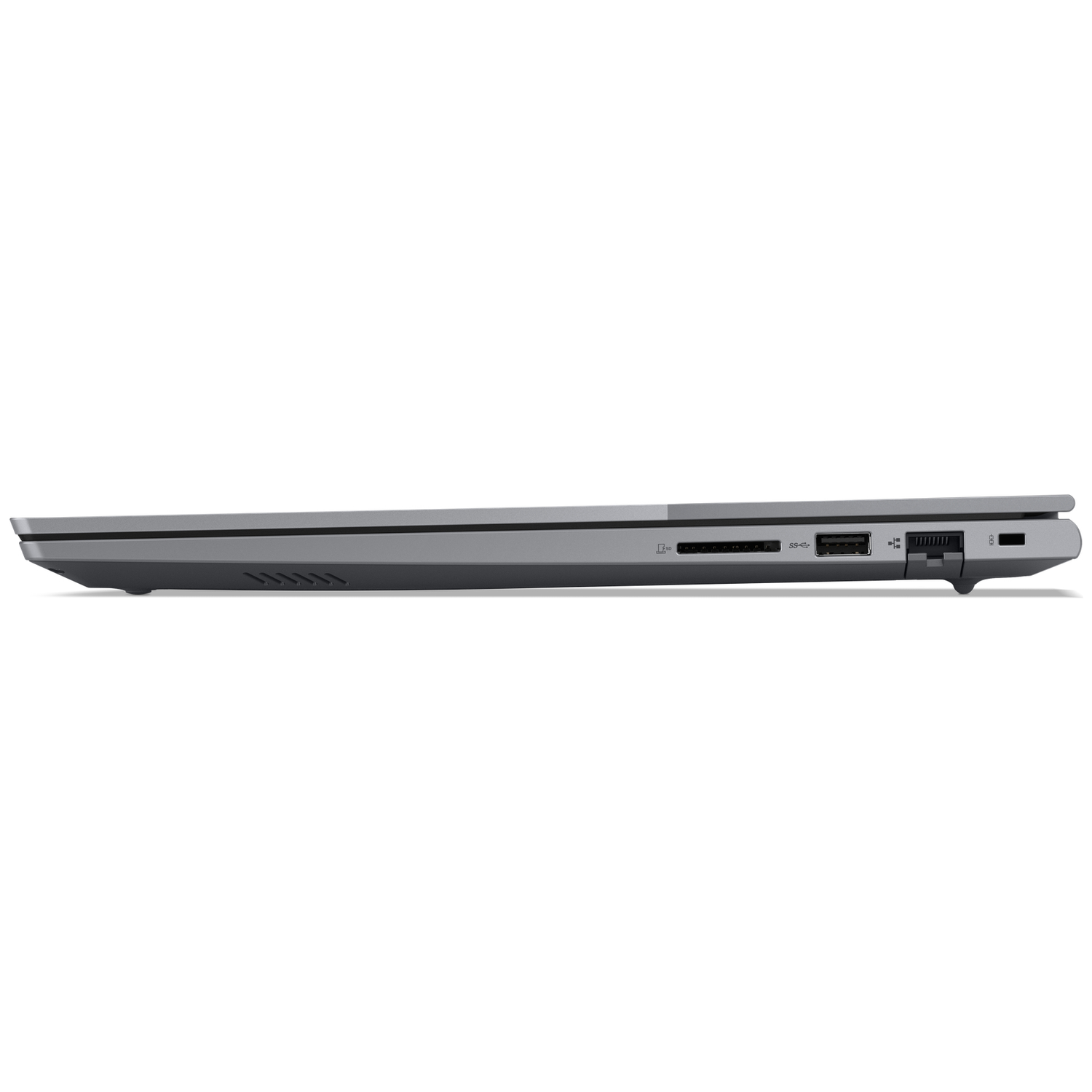 Side view of a grey laptop showing ports: SD card reader, USB, Ethernet.
