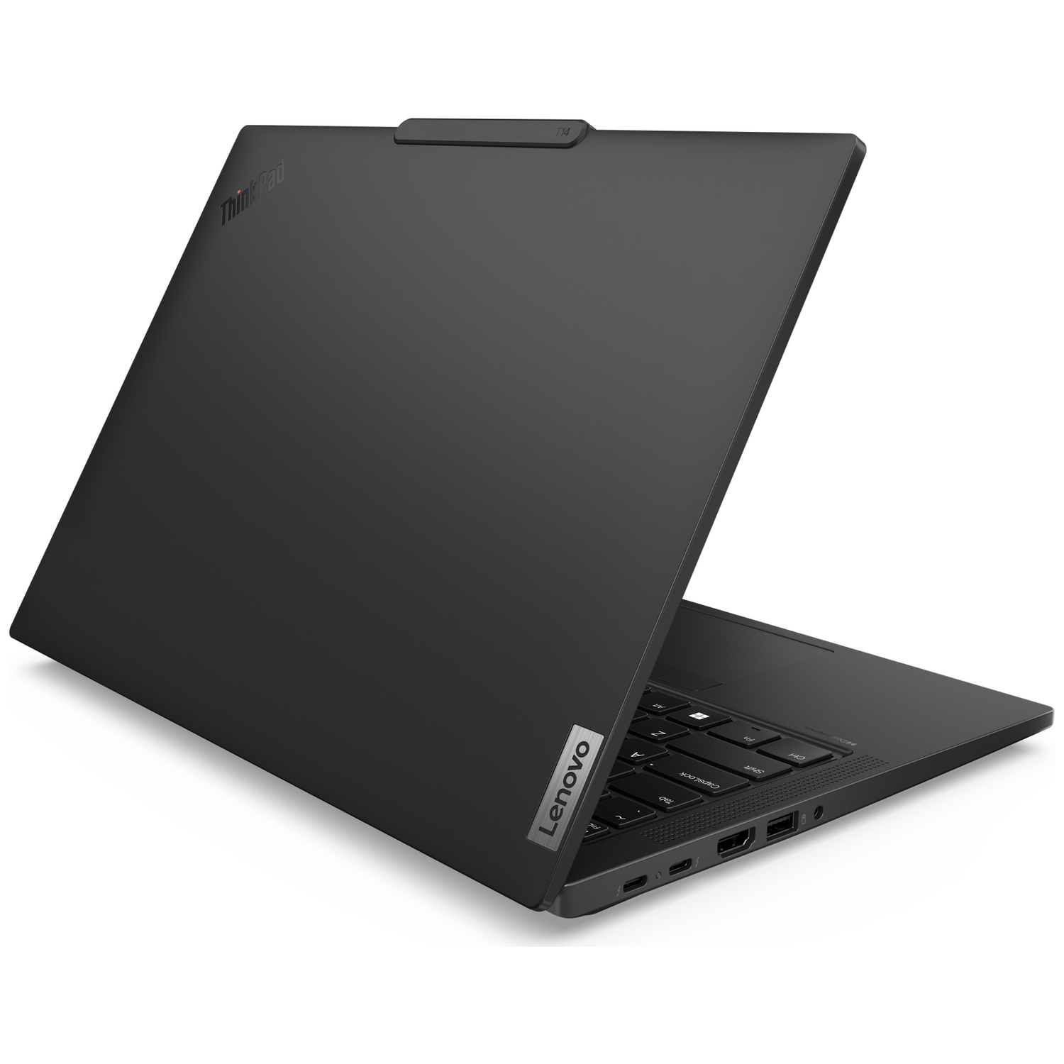 A closed black Lenovo ThinkPad laptop with ThinkPad and T14 logo.
