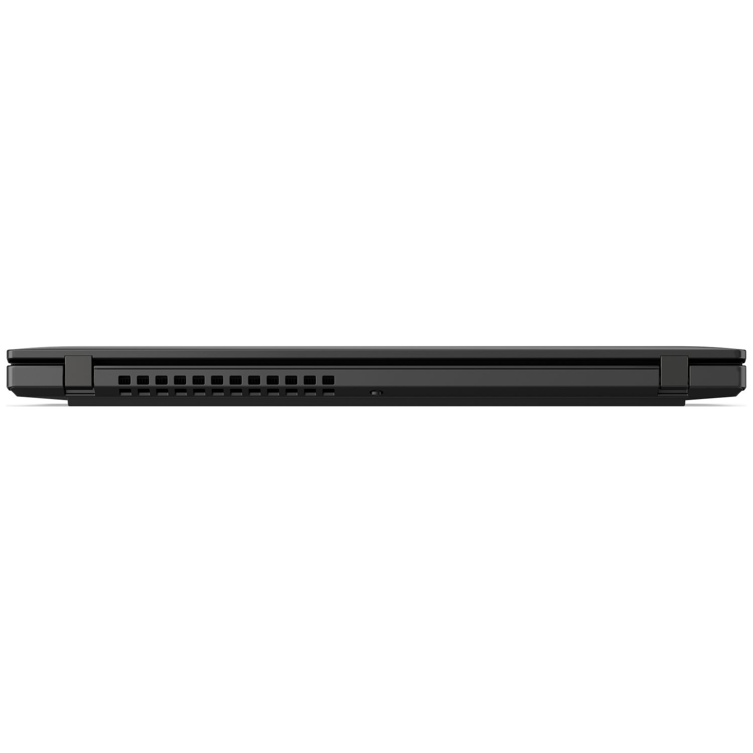 Black laptop with ventilation slots on the side, on a white background.