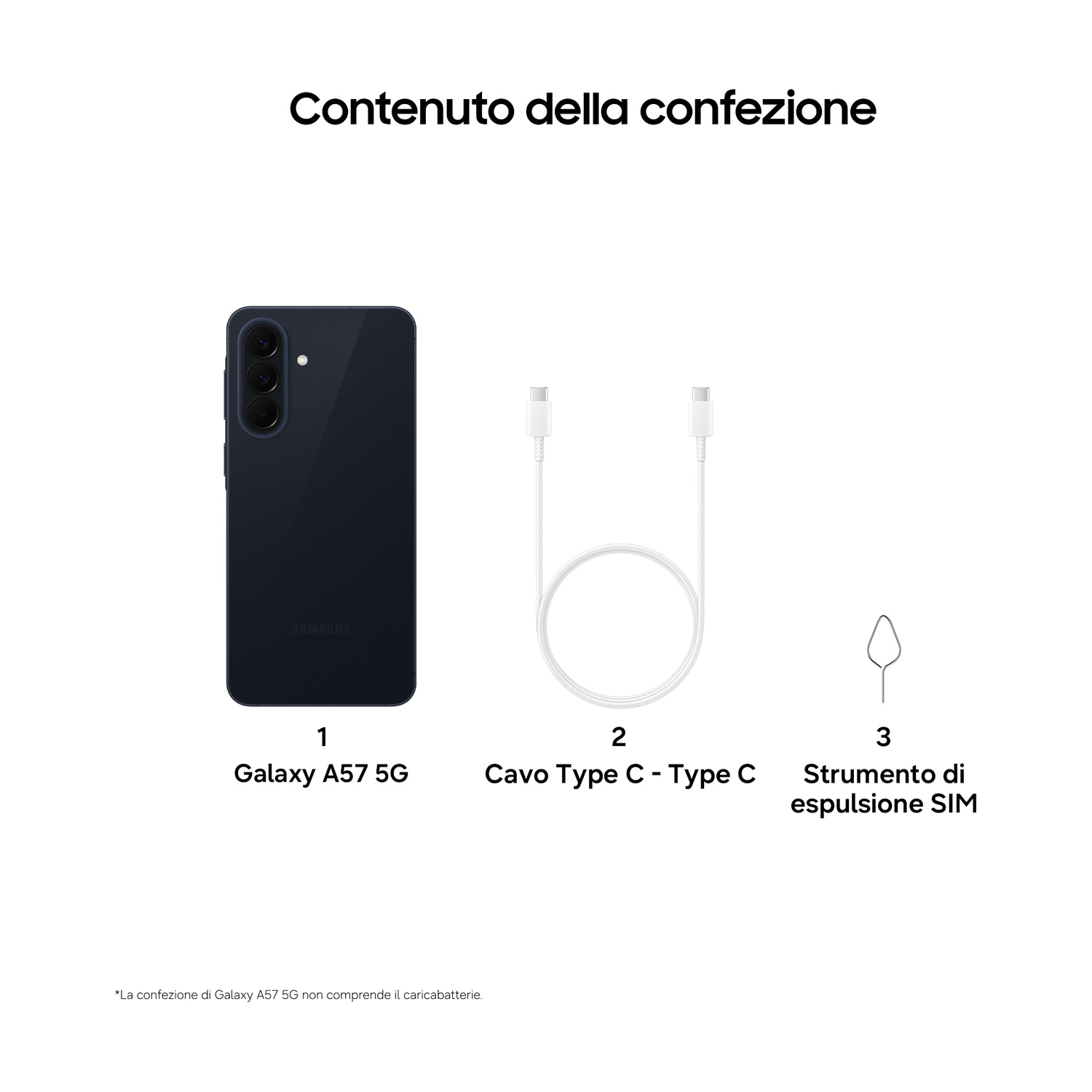 La confezione contiene un Galaxy A57 5G, un cavo USB-C e uno strumento SIM.