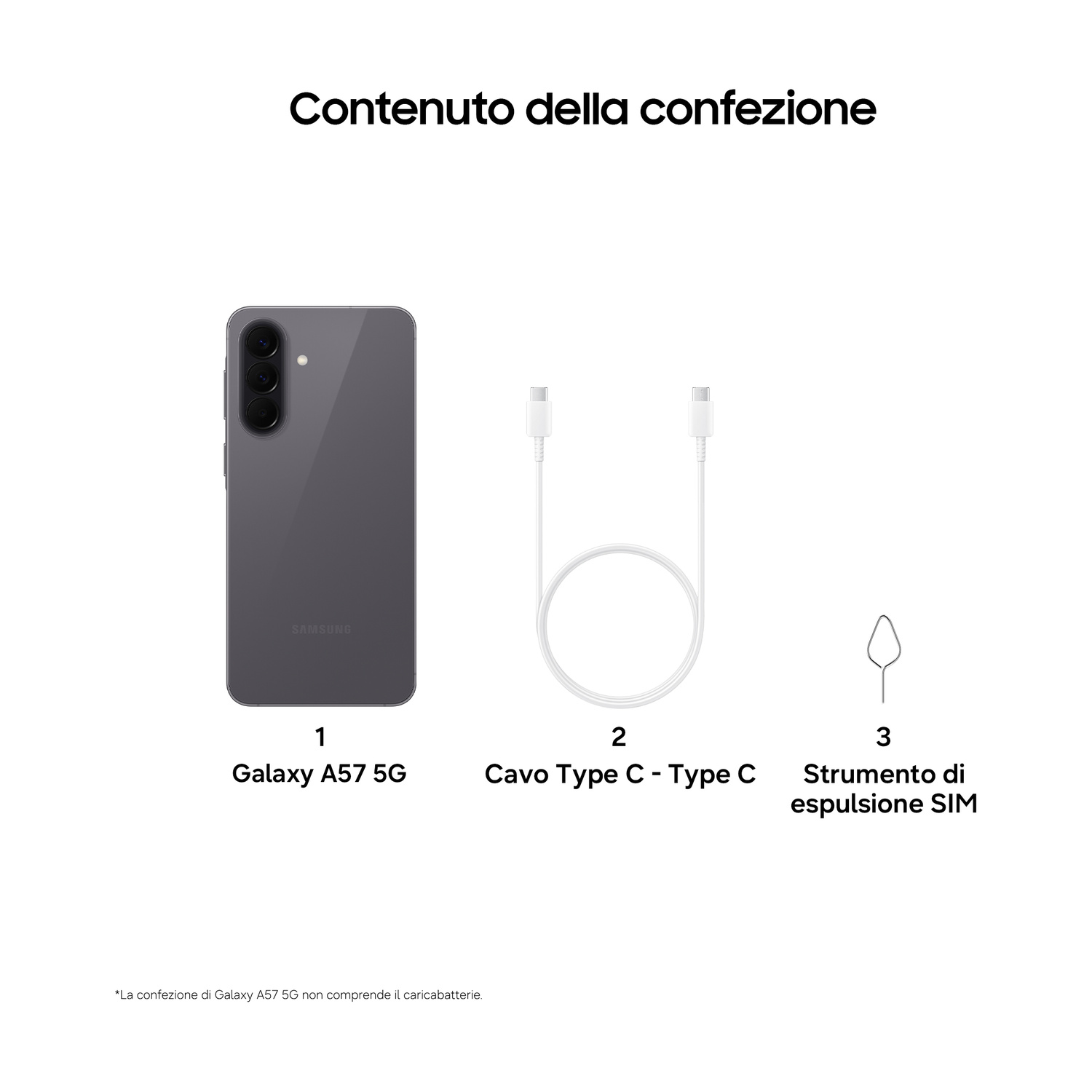 Telefono Samsung Galaxy A57 5G grigio con cavo e strumento SIM.