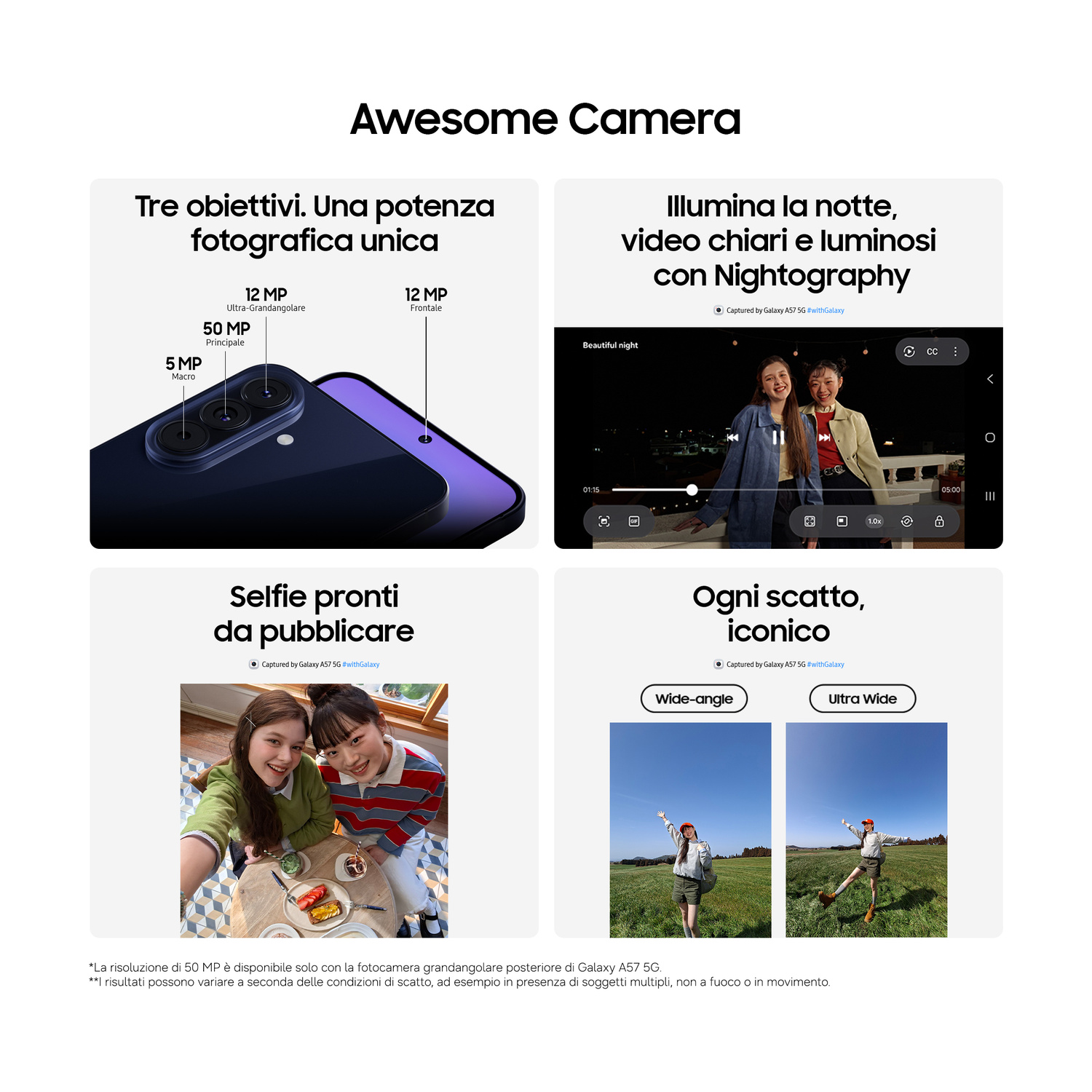Smartphone con tre fotocamere e screenshot video notturno. Include selfie e scatti grandangolari.