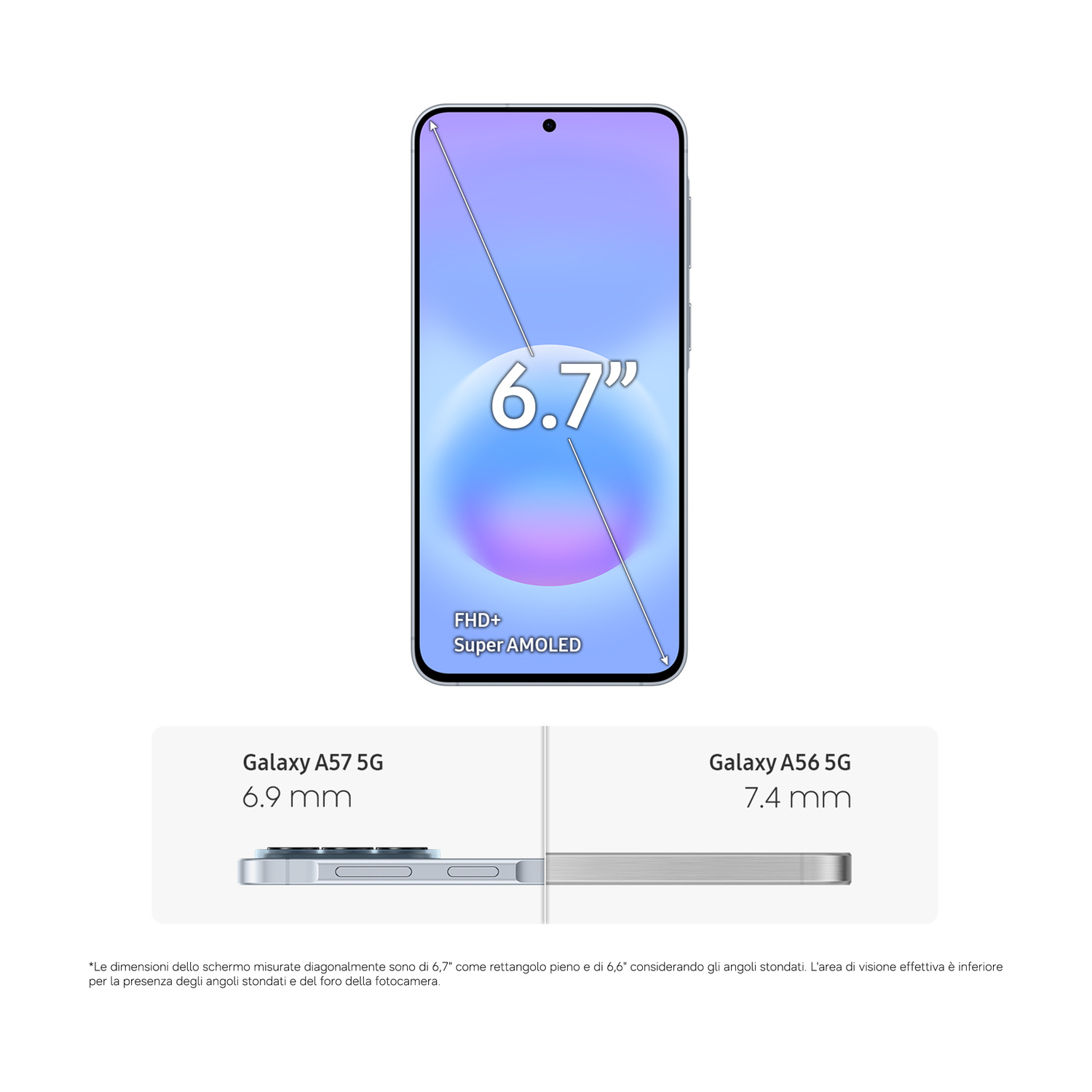 Telefoni affiancati: Galaxy A57 5G (6,9 mm) e A56 5G (7,4 mm). Schermo: Super AMOLED FHD+ da 6,7 pollici.