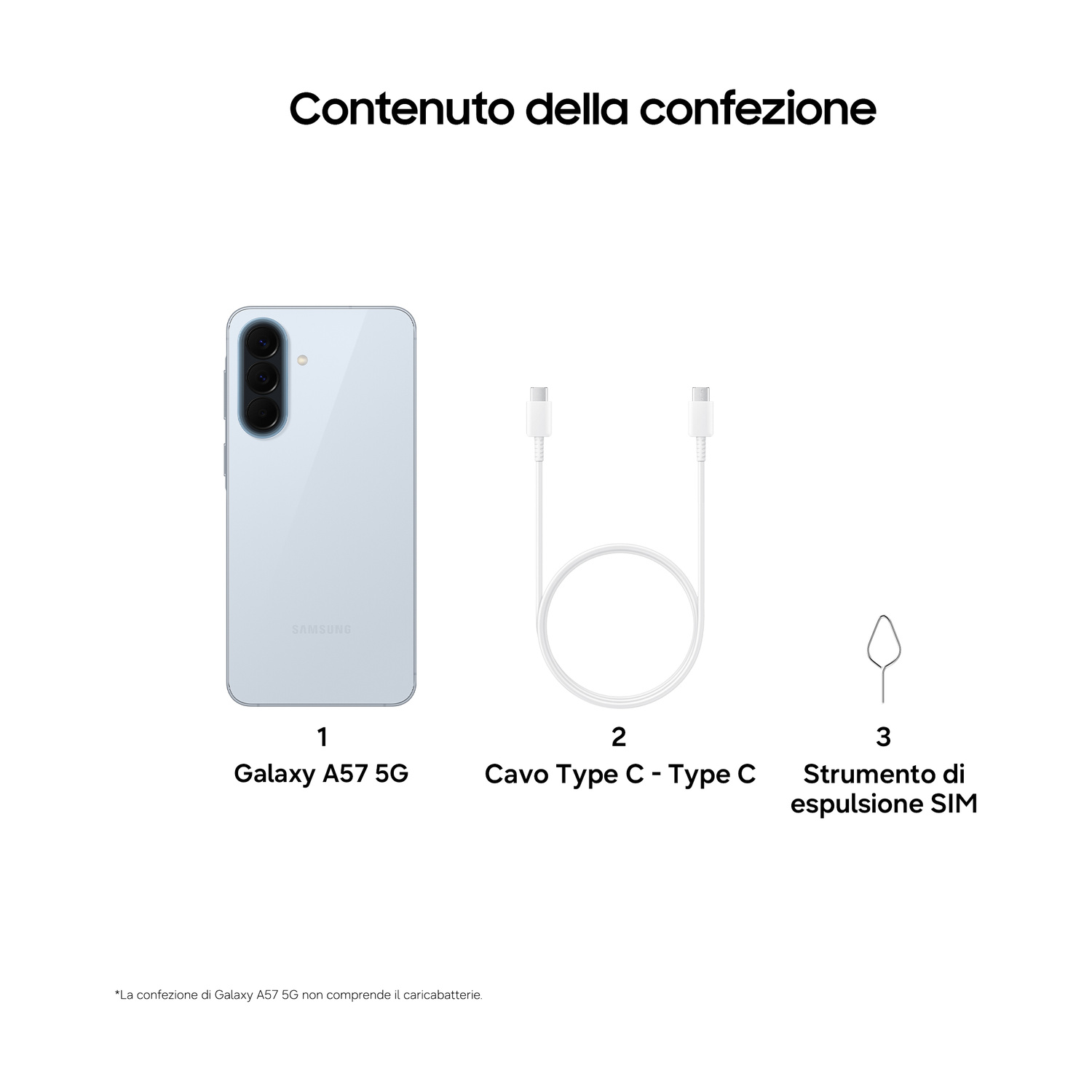 Contenuto della confezione: Samsung Galaxy A57 5G, cavo USB-C, strumento SIM.