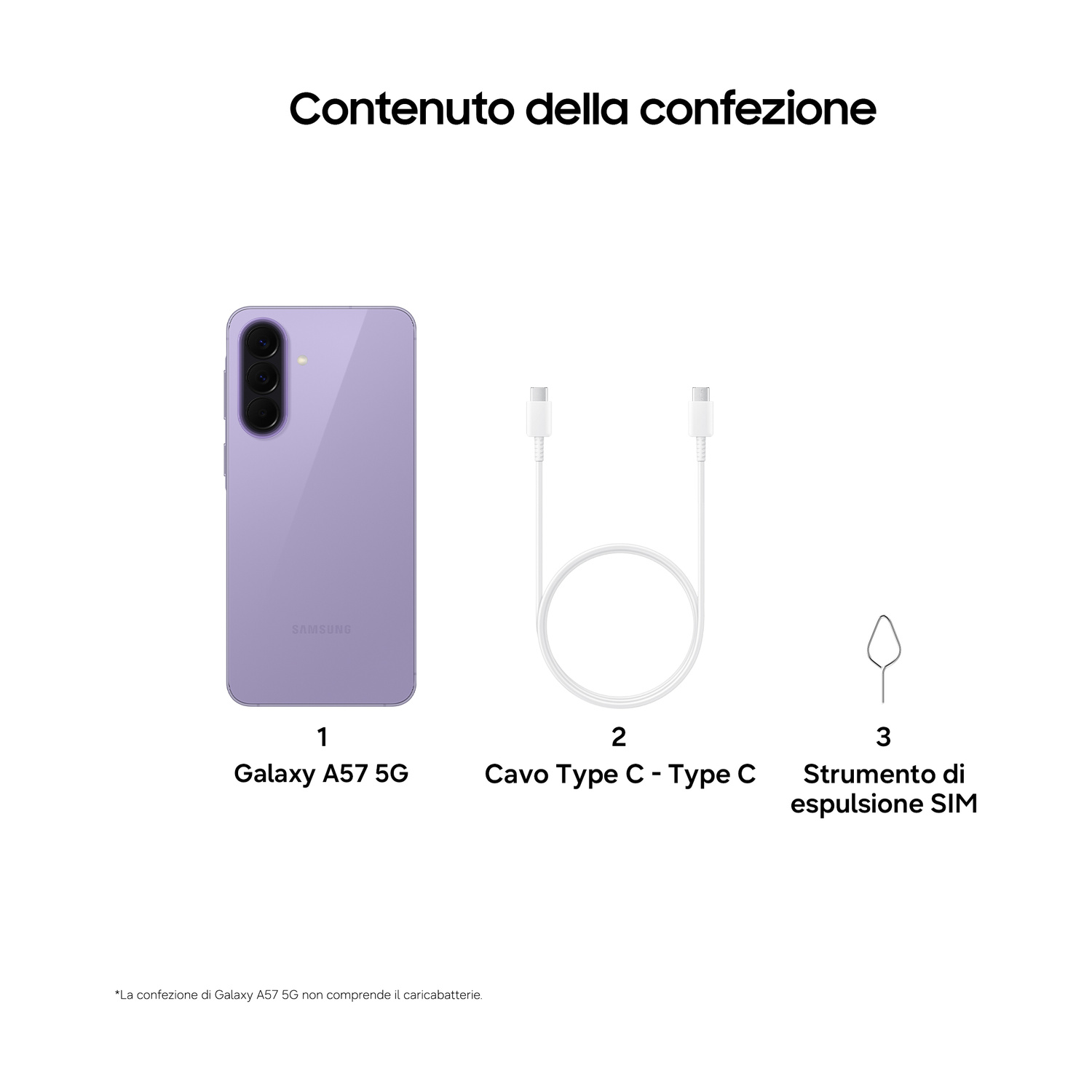 Samsung Galaxy A57 5G viola, cavo USB-C, strumento SIM.