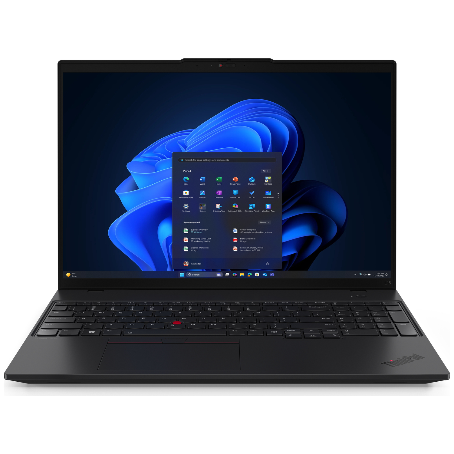 A black laptop with an open Windows 11 start menu displayed on the screen.