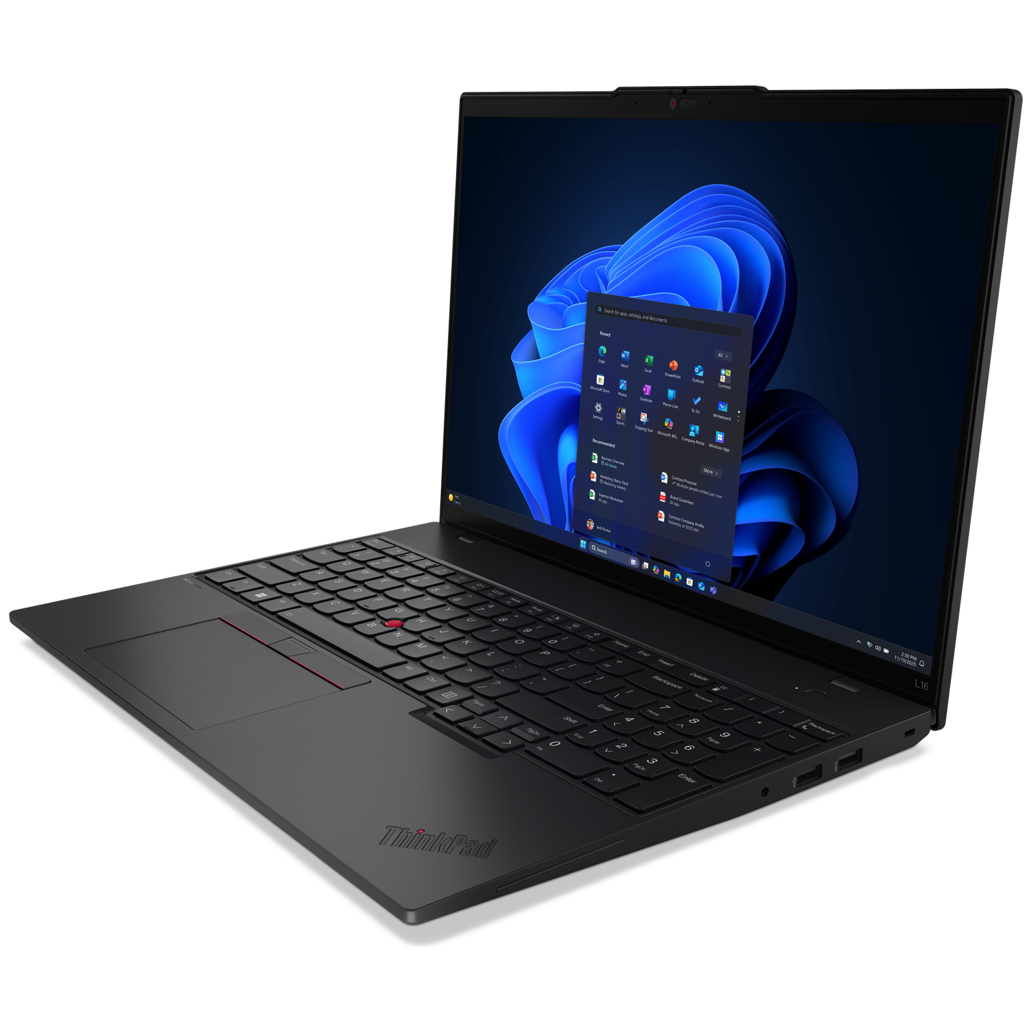 A black laptop with a blue abstract background displayed on its screen.