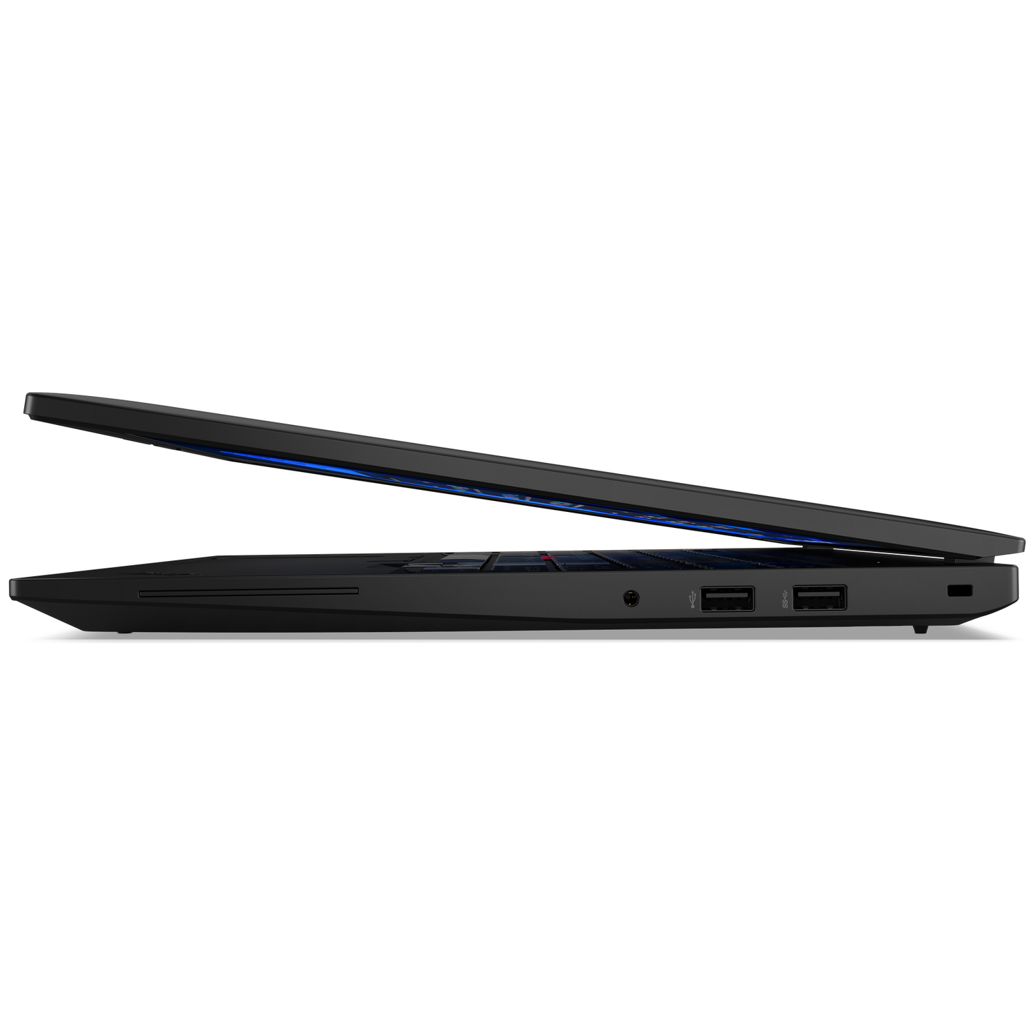 Black laptop in side profile, with lid open showing blue accents.