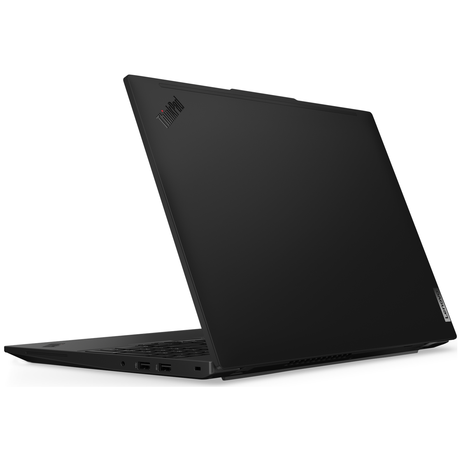 A black Lenovo ThinkPad laptop, angled view from the back left, with lid open.