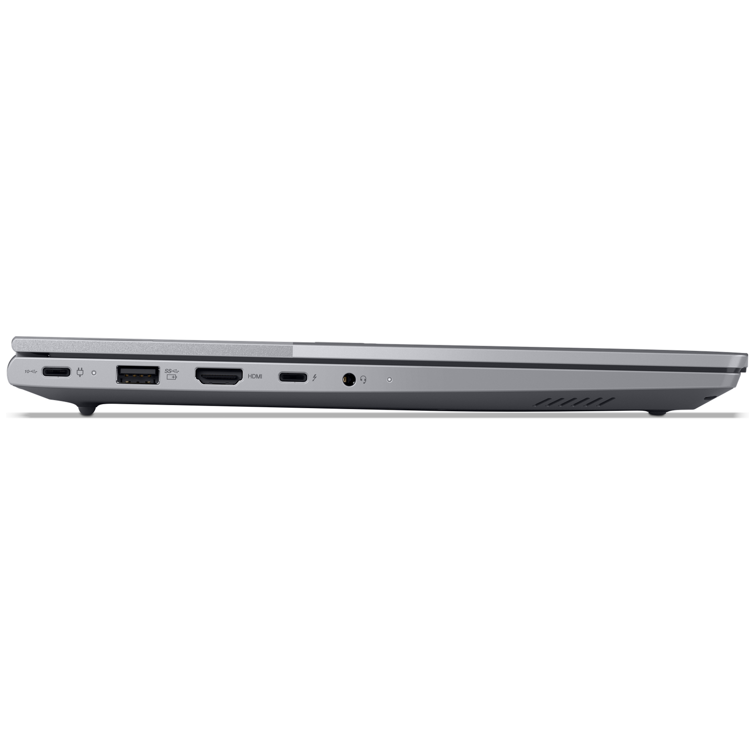 Gray laptop profile showing ports: USB-C, HDMI, USB-A, headphone jack.