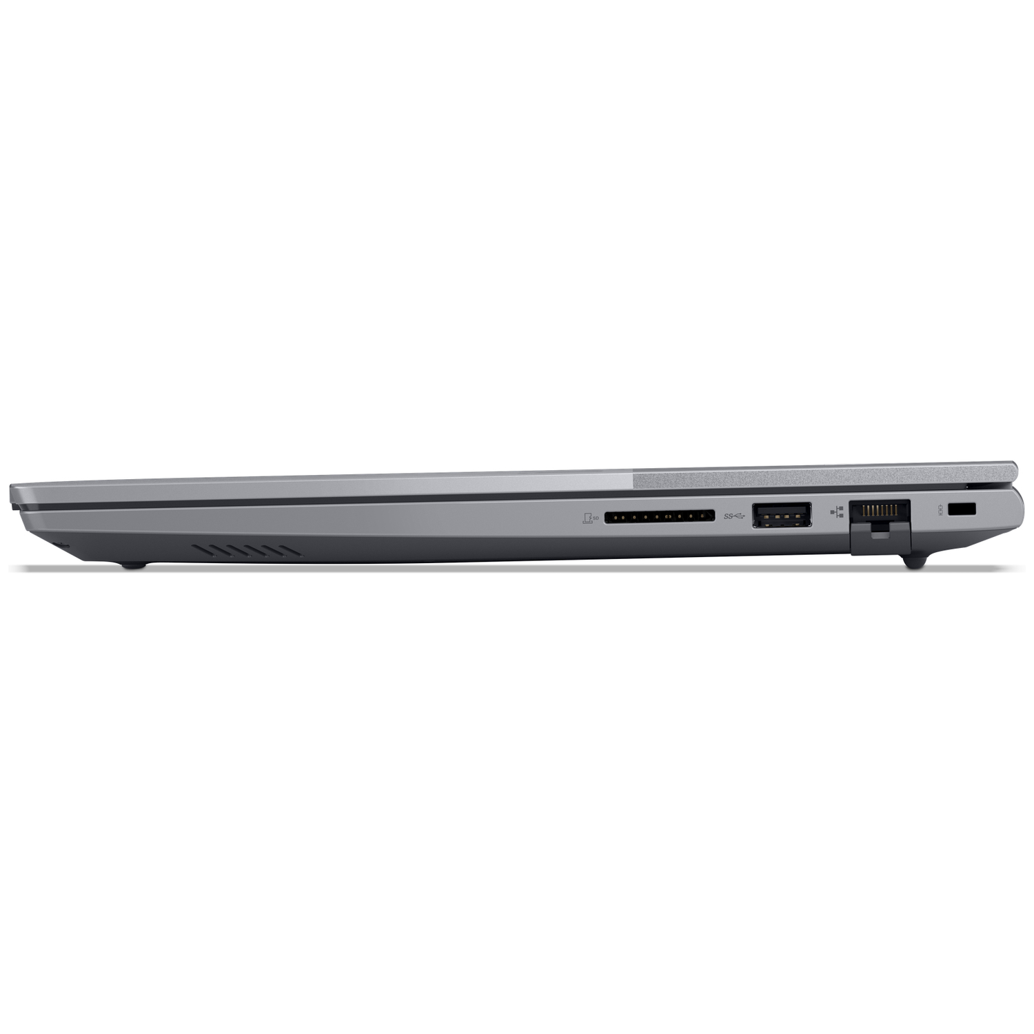 Side view of a gray laptop showing ports: SD, USB, and Ethernet.