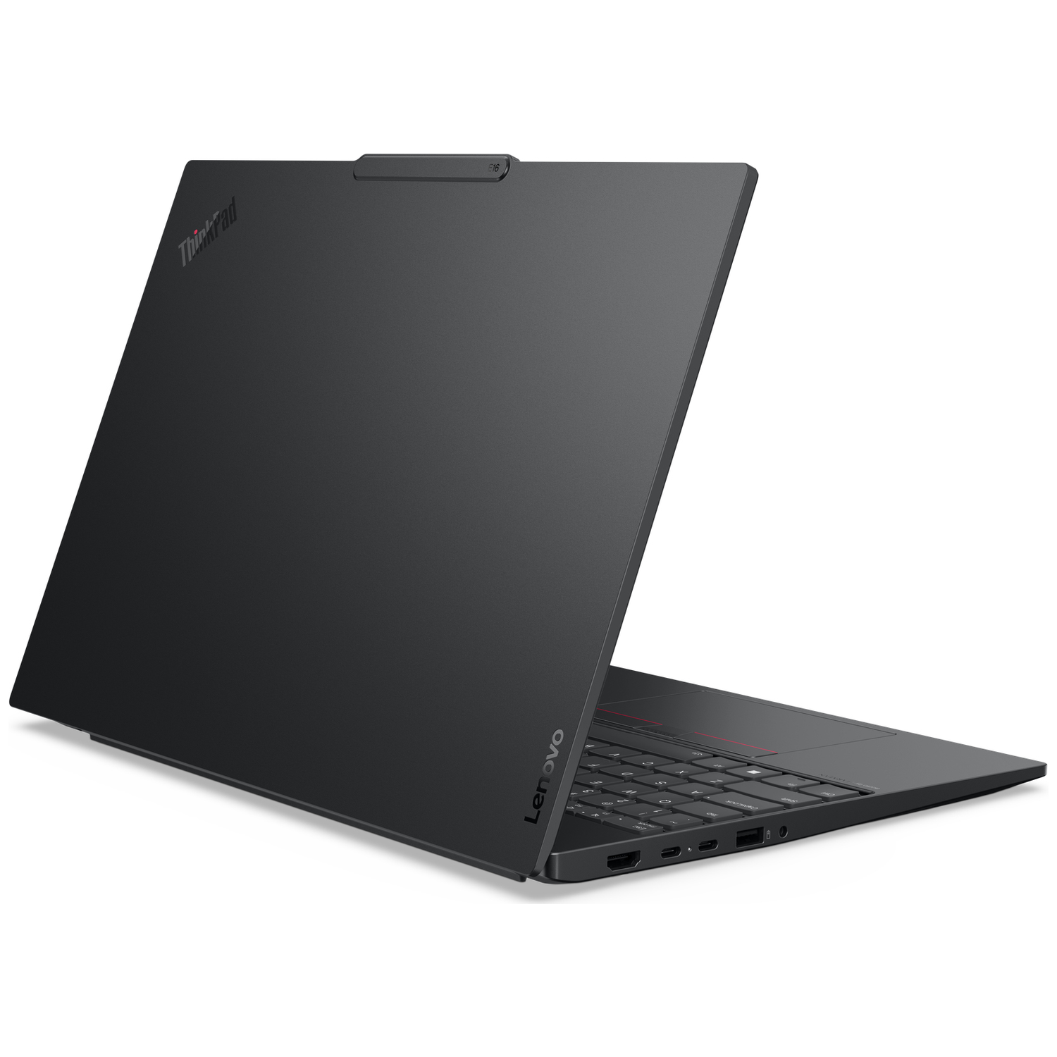 Black Lenovo ThinkPad laptop with lid open, showing keyboard and ports.
