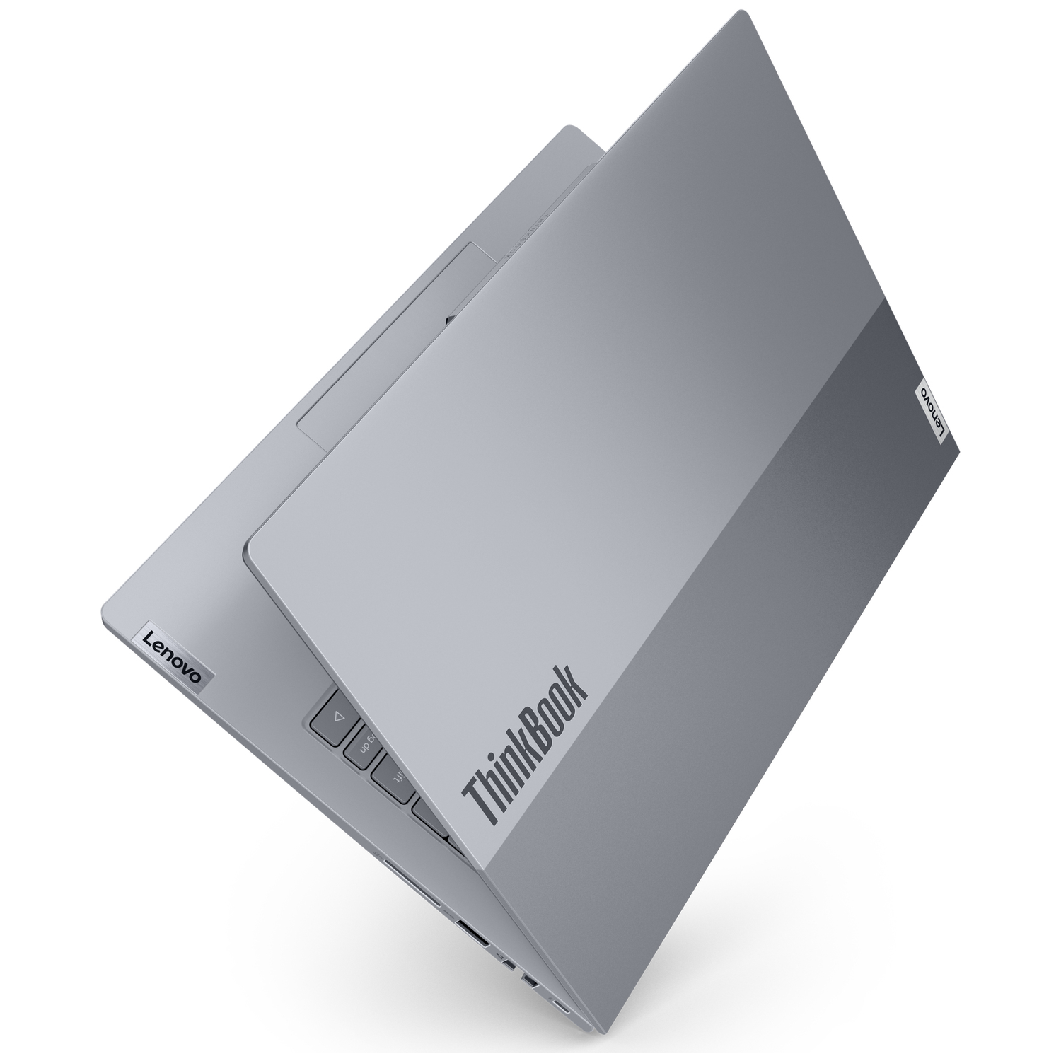 A silver Lenovo ThinkBook laptop is shown on a white background.