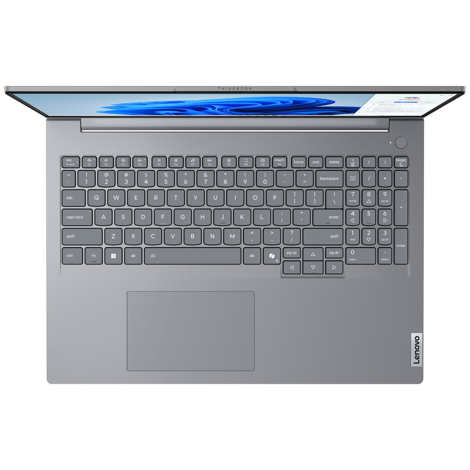 Gray laptop with open screen, keyboard, and touchpad.