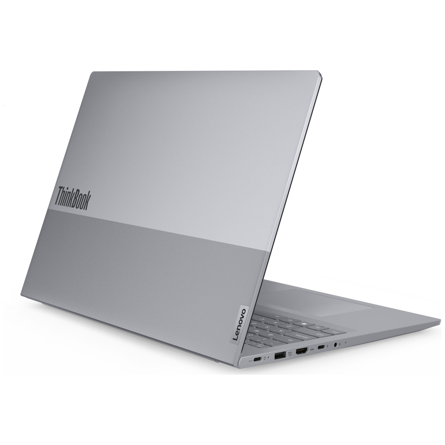 A silver laptop with its lid open, set against a white background.
