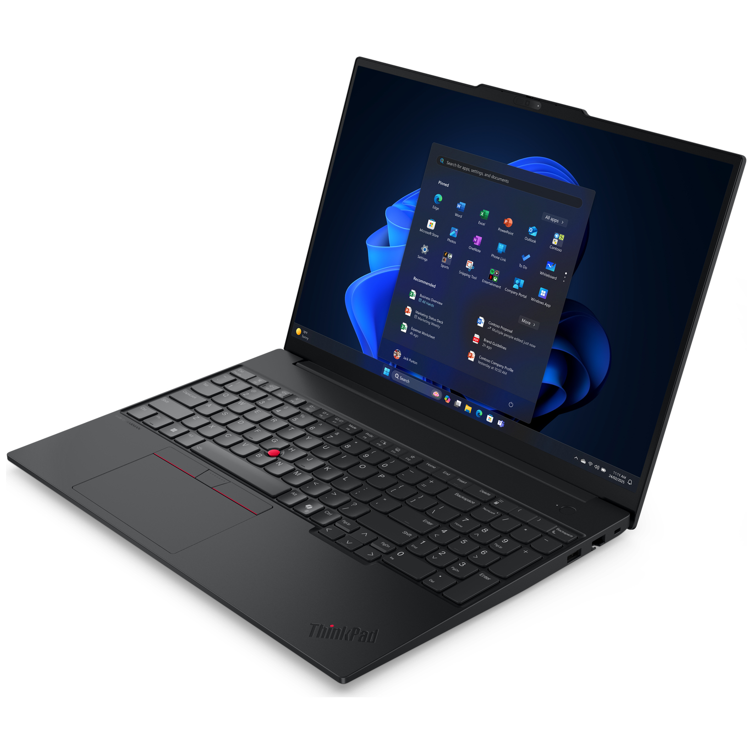 Black laptop with illuminated screen showing Windows 11. Keyboard and trackpad are visible.