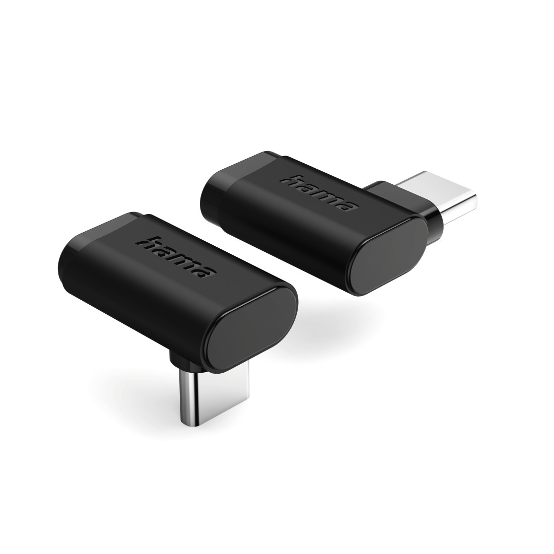 Gümüş renkli konektörlere sahip iki siyah USB-C adaptörü, beyaz zeminde.