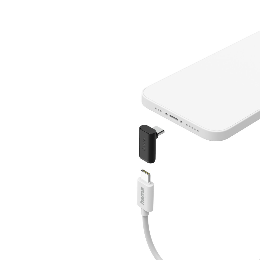 Siyah açılı adaptör, USB-C fişli ve akıllı telefona giden beyaz kablolu.