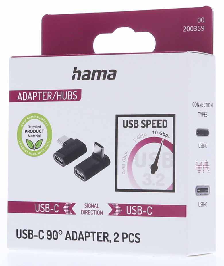 USB 3.2 hız göstergeli 2 Hama USB-C 90° adaptör kutusu.