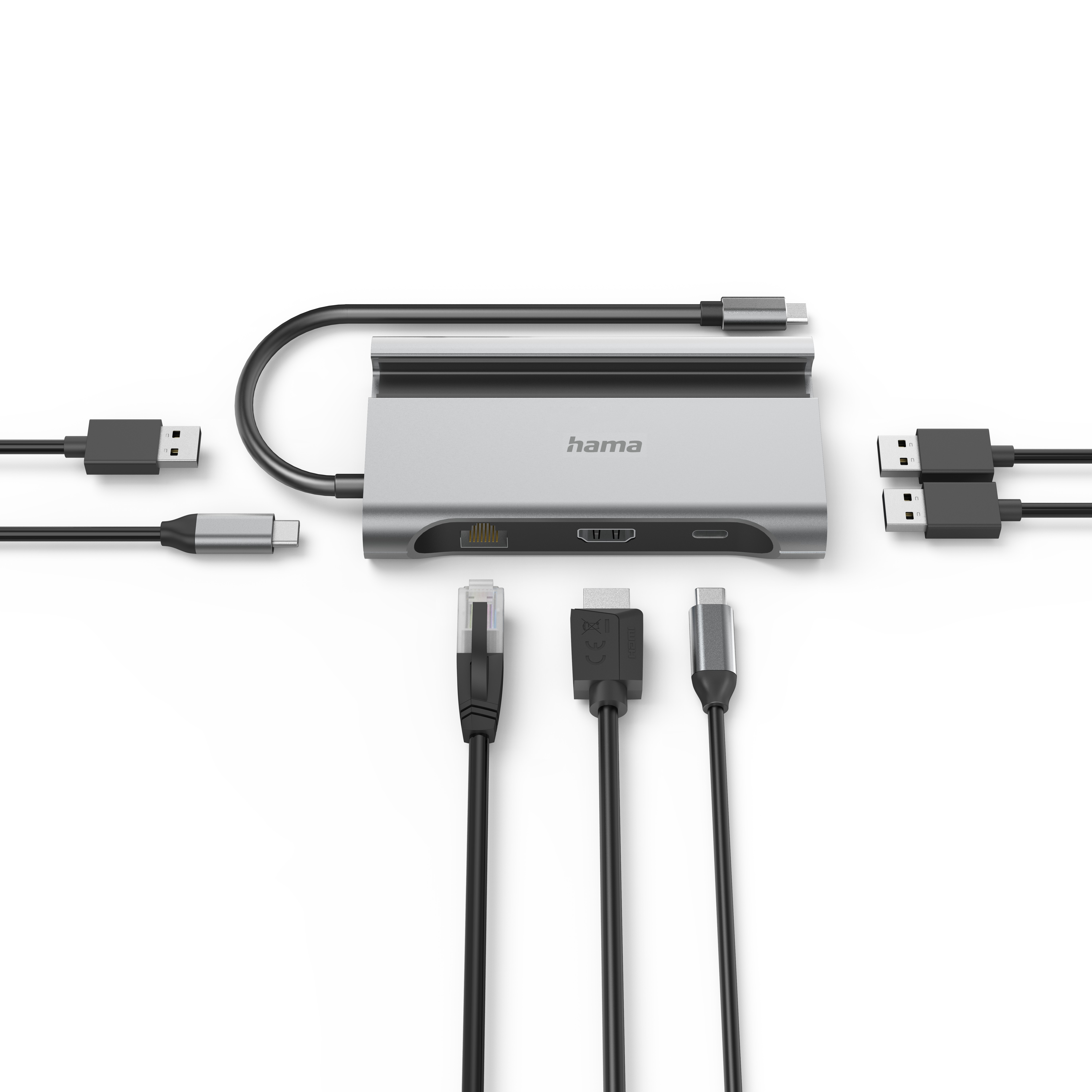 Gümüş Hama USB-C hub kablolarla: Ethernet, HDMI ve USB-C.