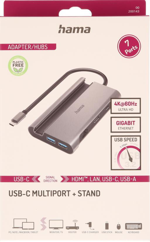 Hama USB-C hub 7 port, HDMI, LAN, USB-A ve şarj cihazı.
