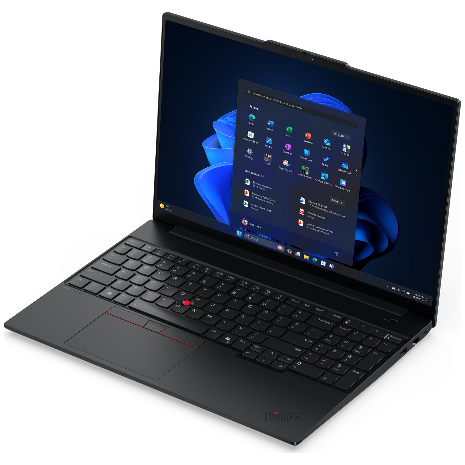 Black laptop with illuminated keyboard and Windows 11 menu open.