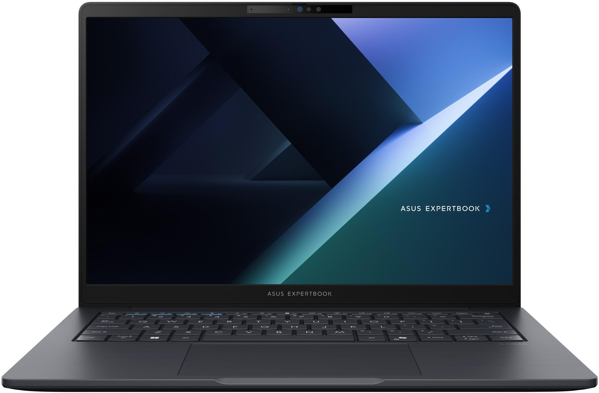 Egy sötét Asus ExpertBook laptop világító billentyűzettel és absztrakt háttérrel.