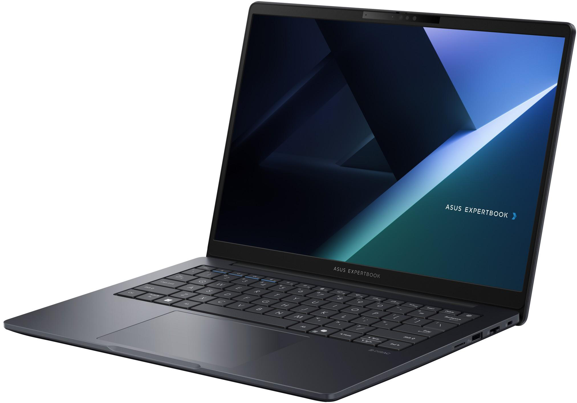 Egy sötét Asus Expertbook laptop háttérvilágított billentyűzettel fehér háttéren.