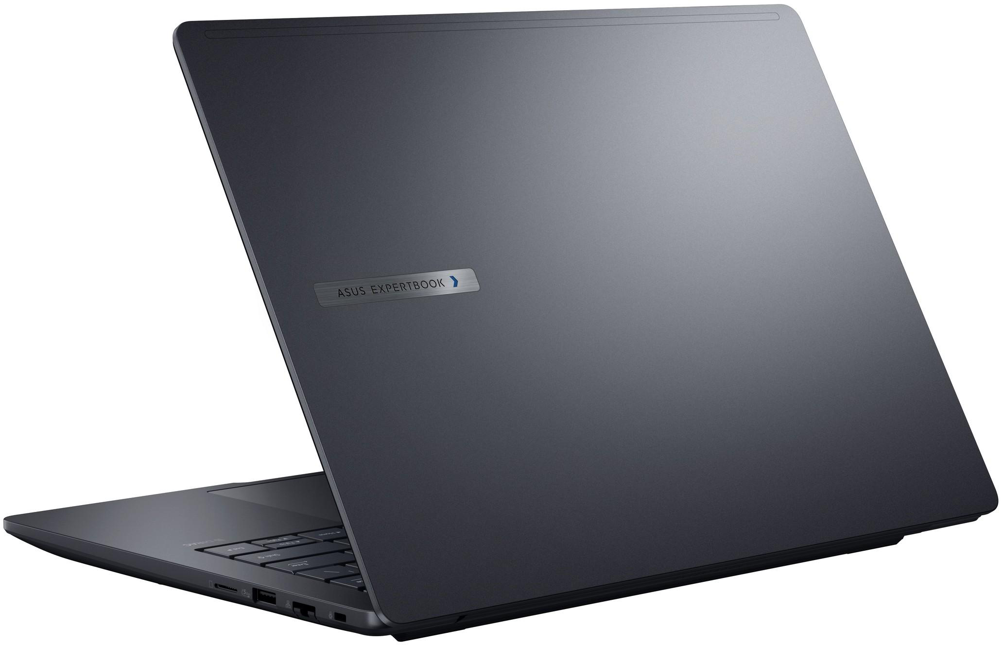 Egy sötét Asus Expertbook laptop nyitva, fehér háttéren.