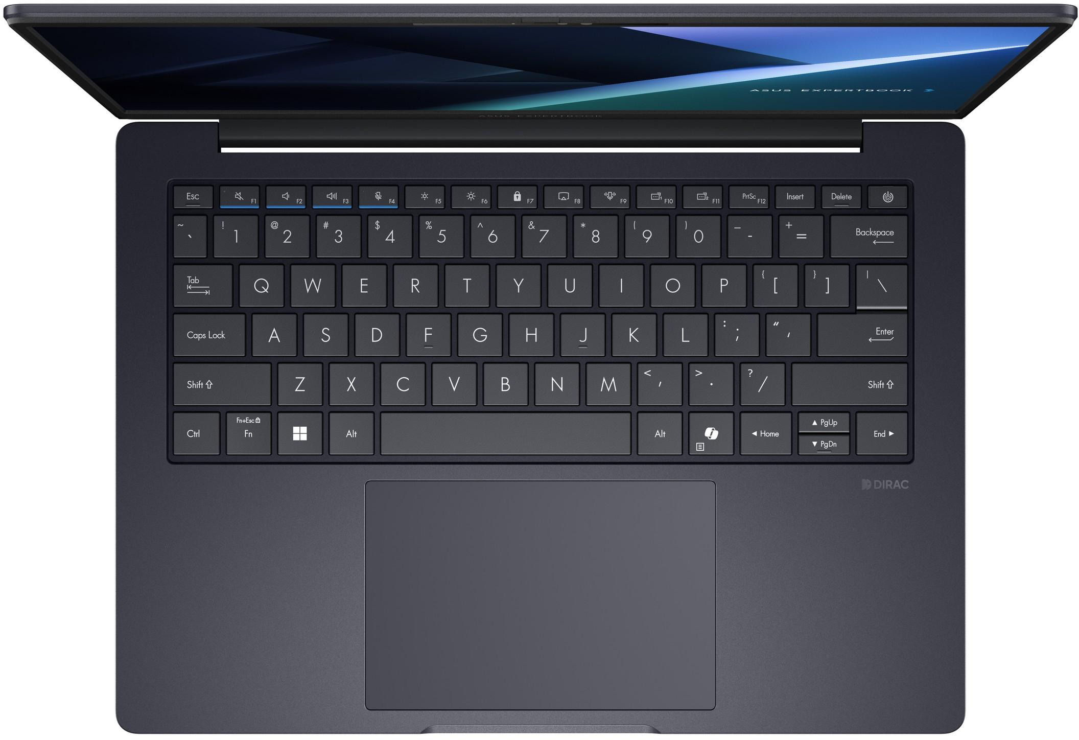 Egy nyitott sötét laptop billentyűzettel és érintőpaddal. A képernyő felül van.