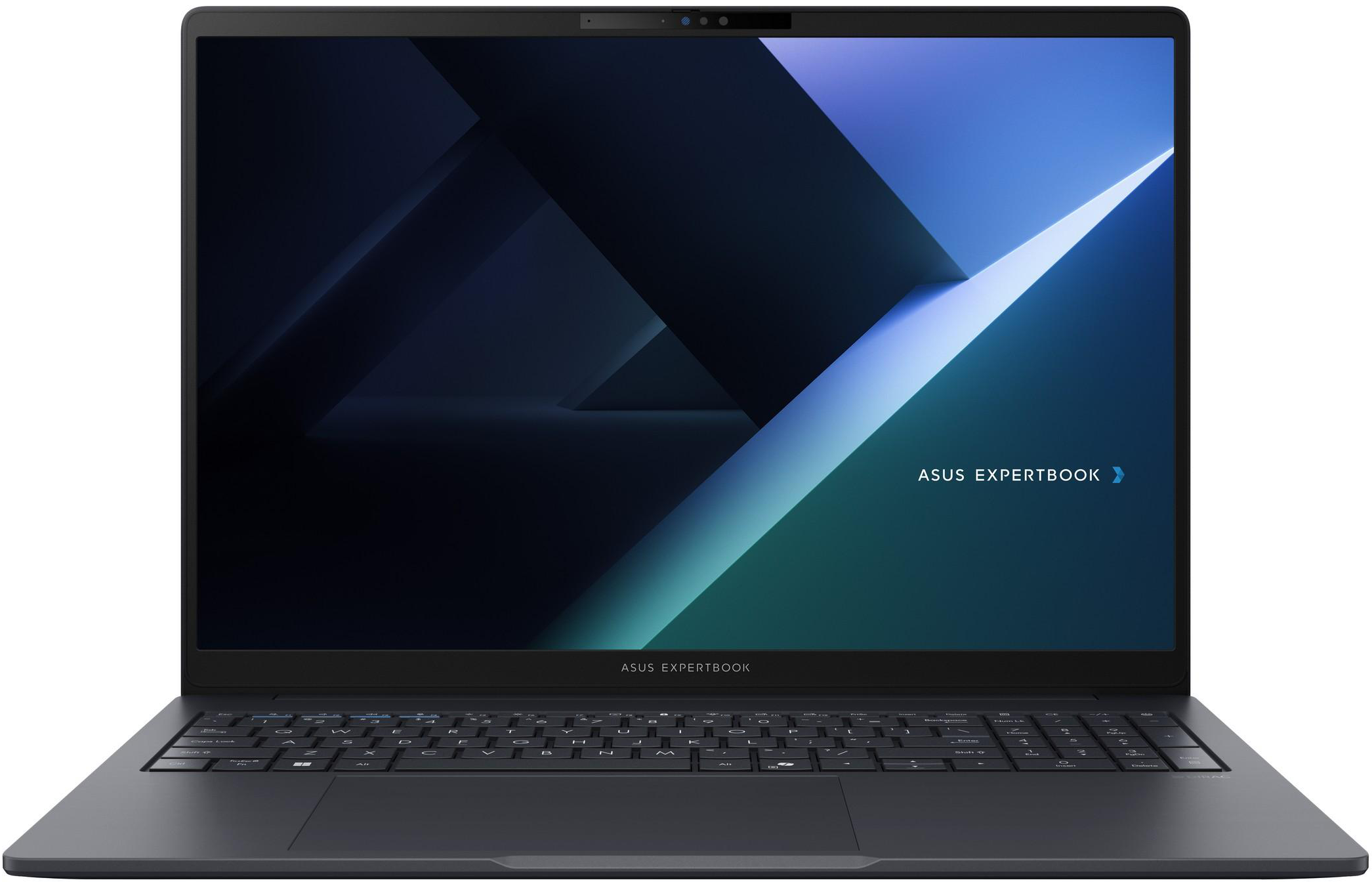 Sötét Asus ExpertBook laptop háttérvilágított billentyűzettel és absztrakt háttérképpel.