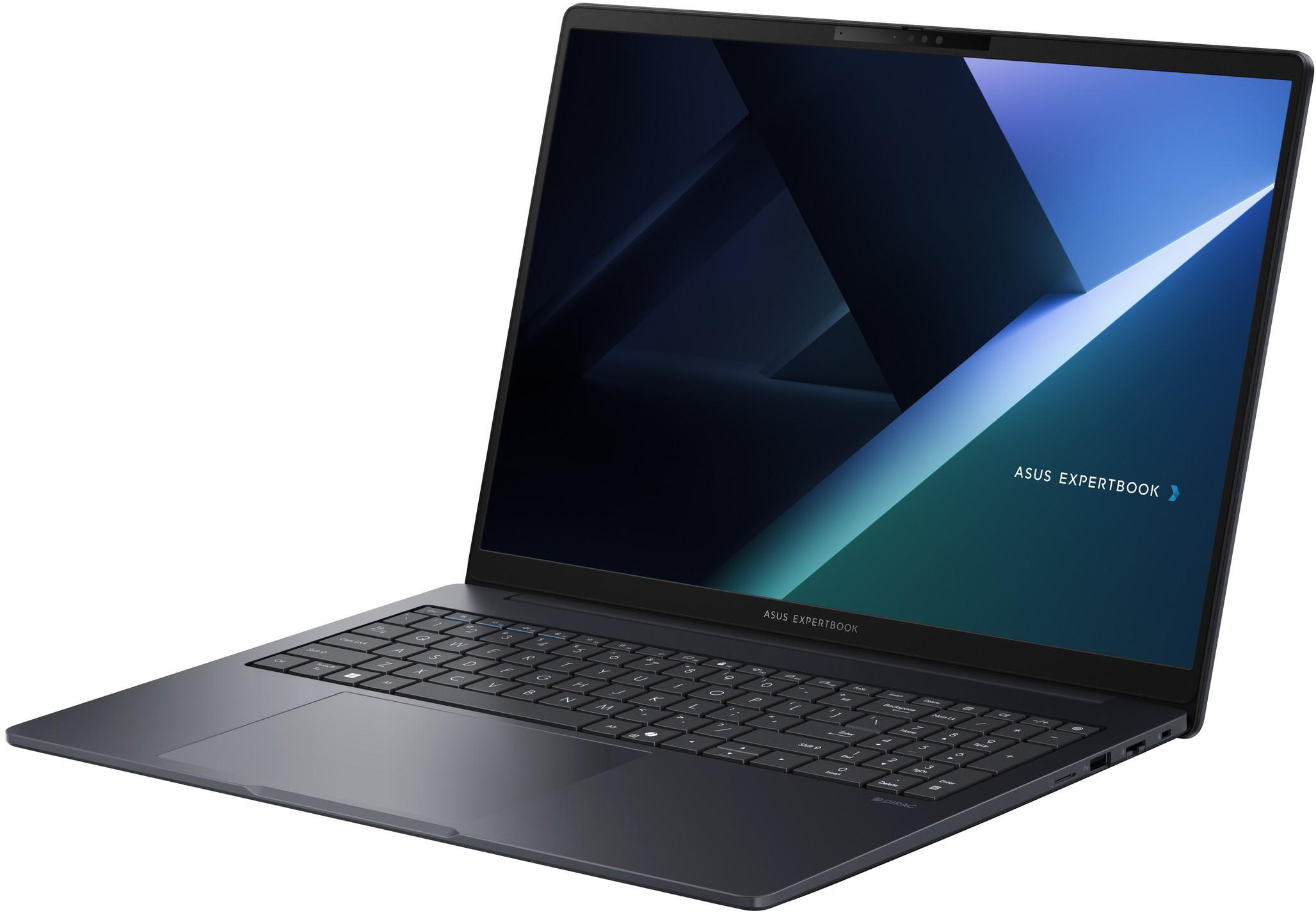 Sötét Asus Expertbook laptop háttérvilágítású billentyűzettel és érintőpaddal.