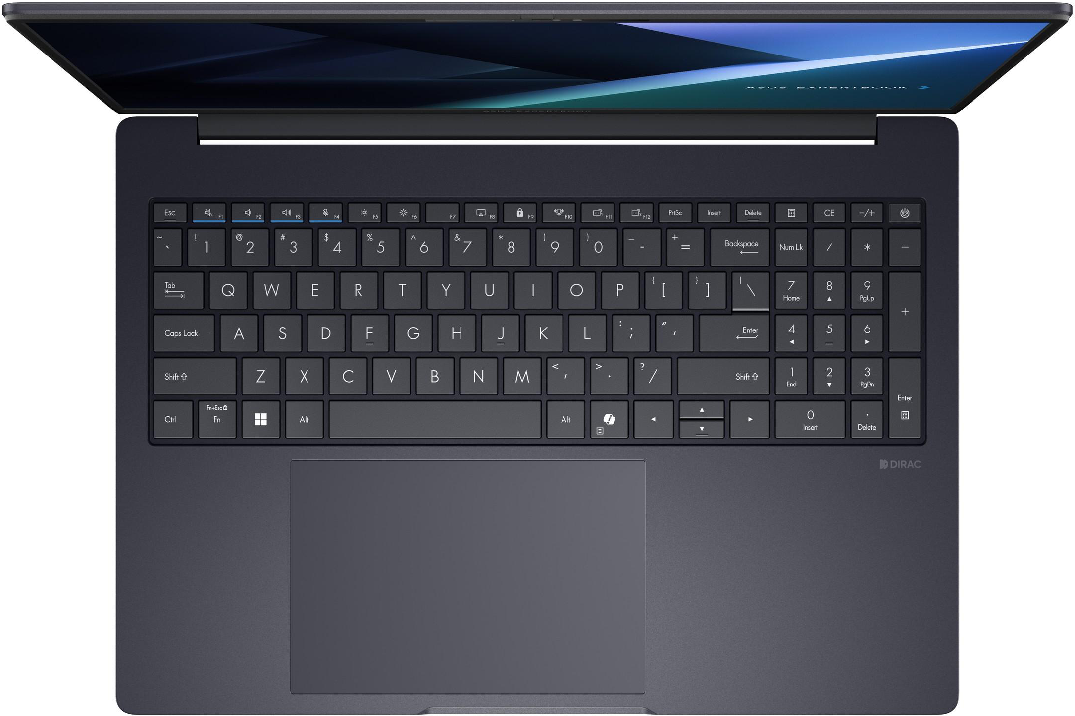 Sötétszürke laptop nyitott képernyővel, billentyűzettel. A képernyőn absztrakt minta látható. Dirac logó.
