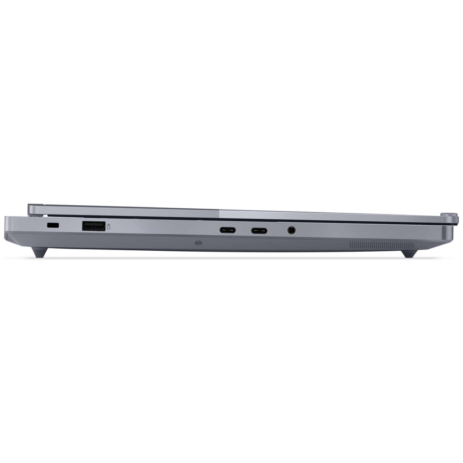 Gray laptop edge with USB-A, two USB-C ports, and headphone jack.