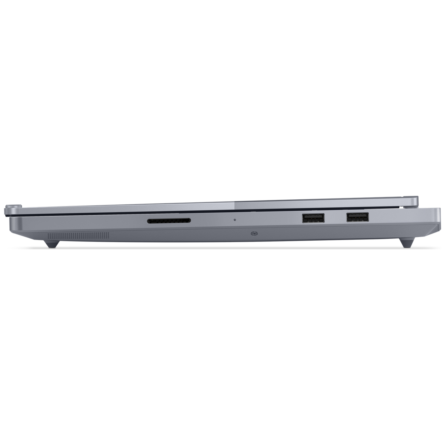 Gray laptop side view showing USB ports and ventilation slots.