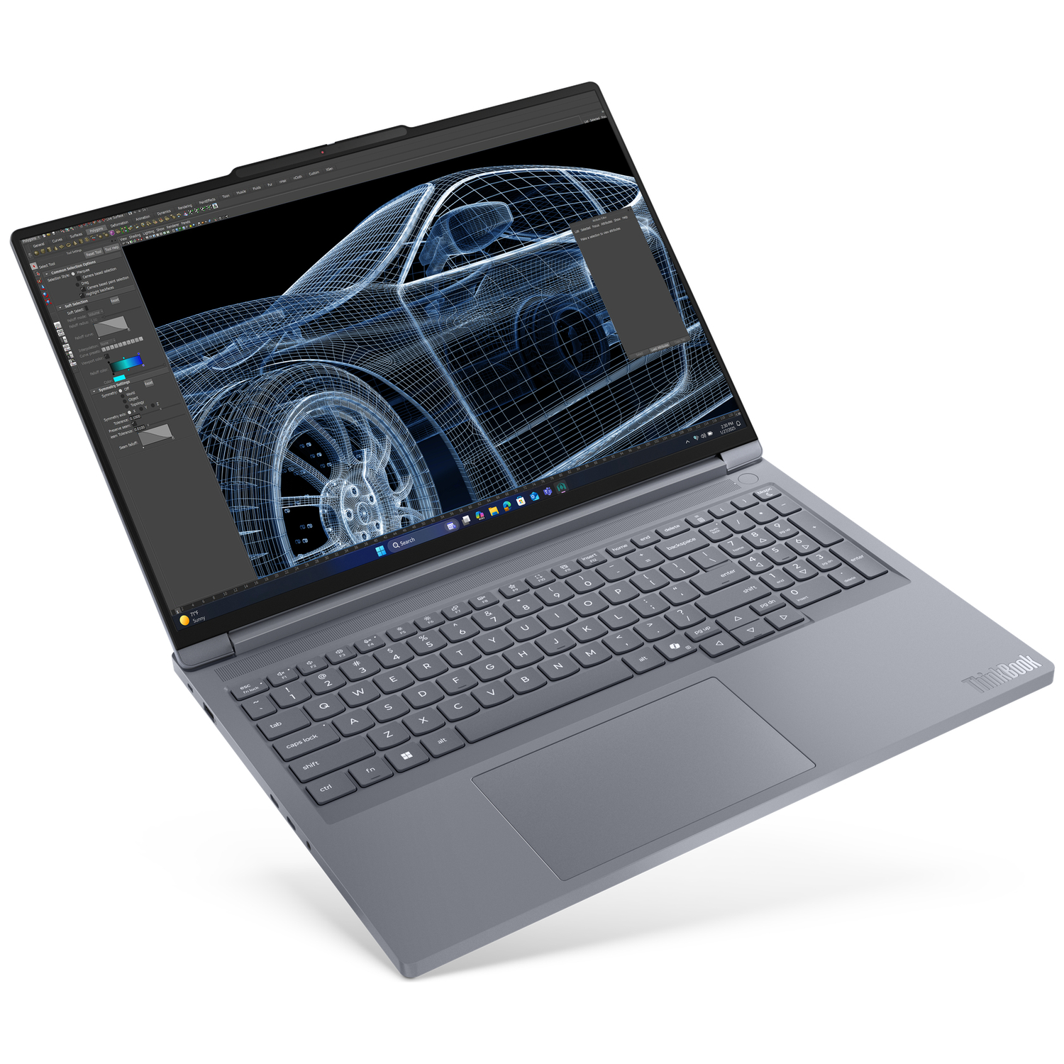 A laptop displays a 3D car wireframe model on its screen.