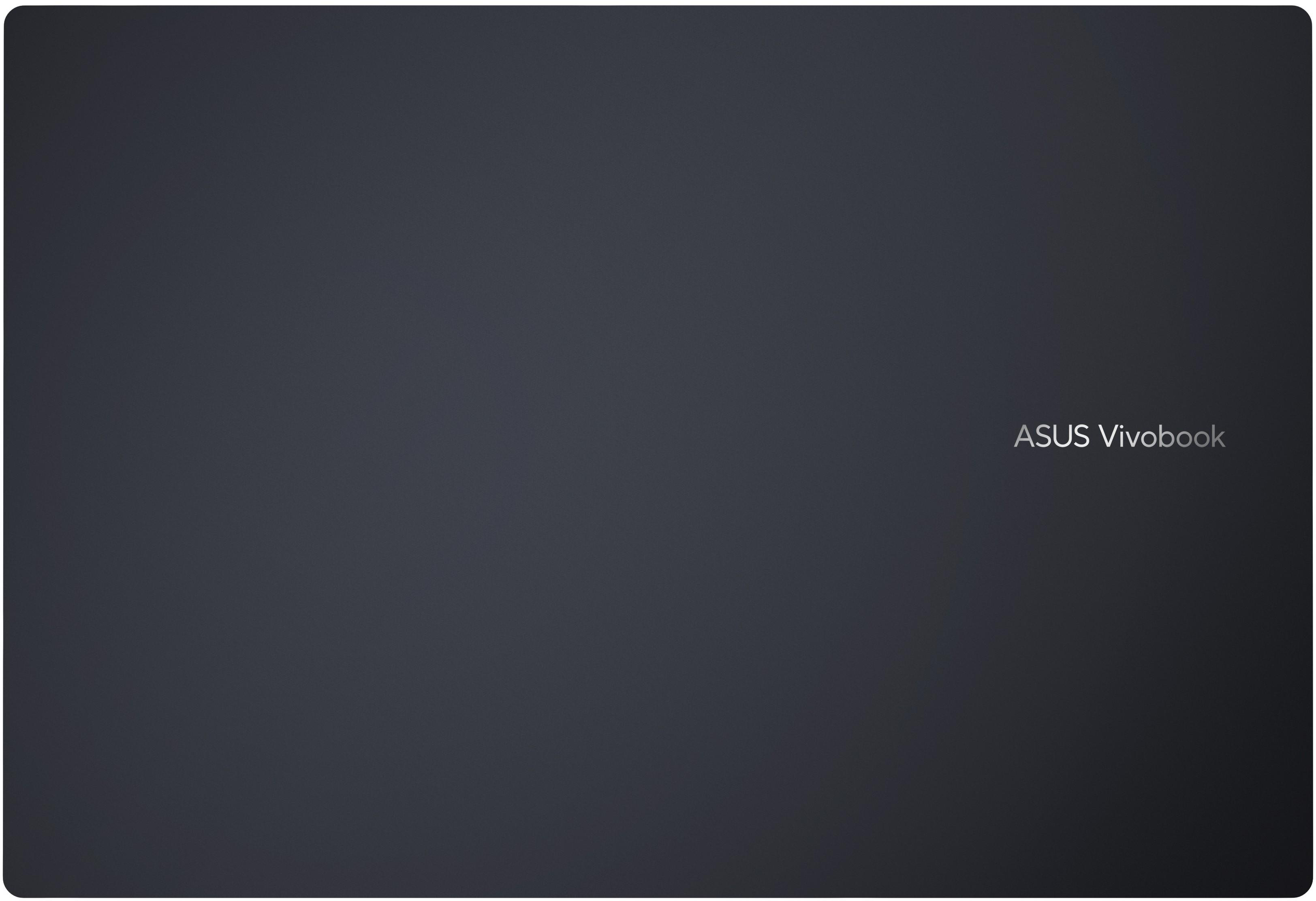 Sötétszürke háttér ezüst ASUS Vivobook logóval.