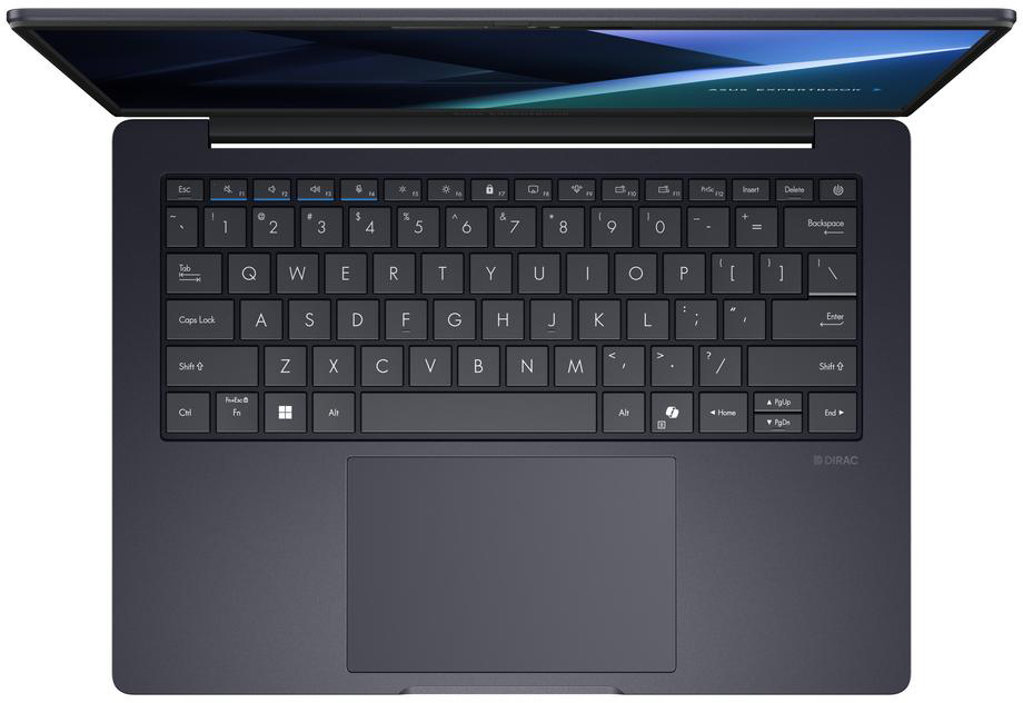Egy sötét laptop nyitott fedéllel, látható billentyűzet és érintőpad.