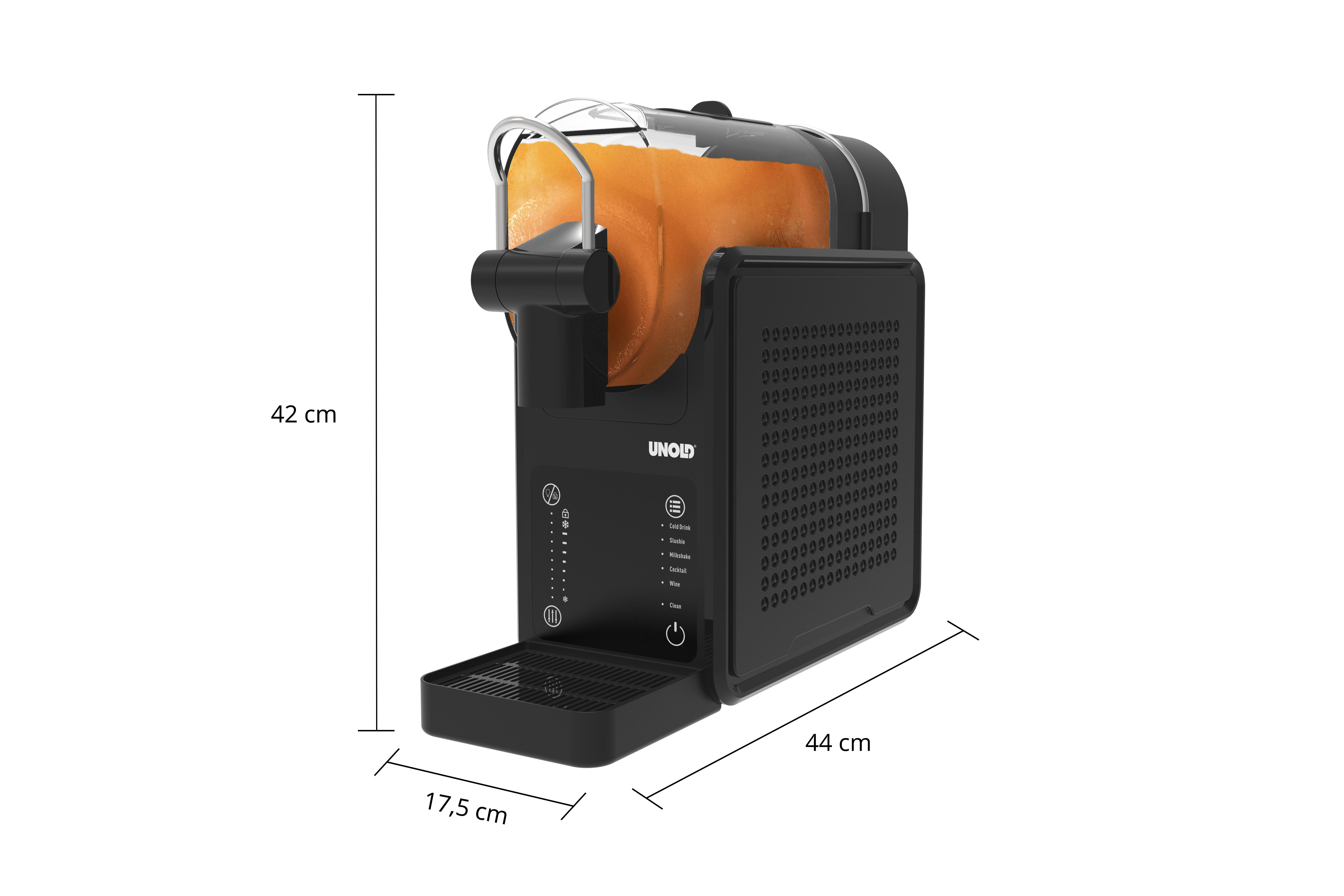 Ein schwarzer Entsafter mit einem halben Orange im Behälter.