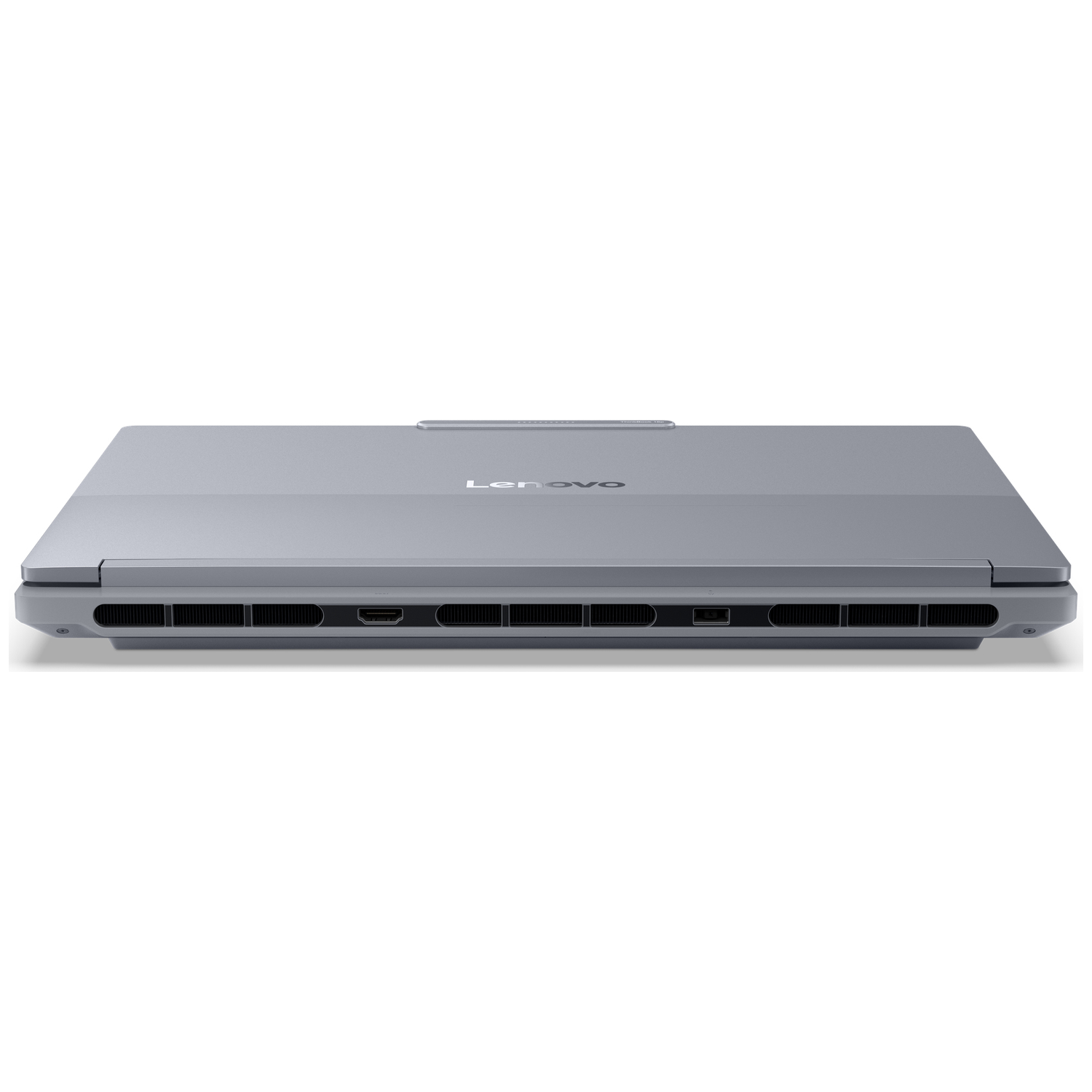 A closed, gray Lenovo laptop with vents and ports visible on the side.