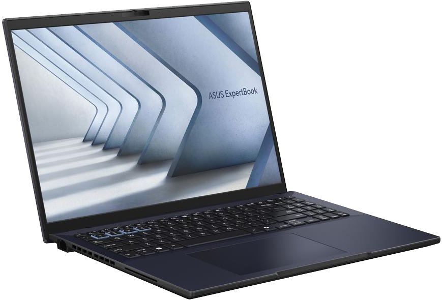 Egy sötétkék ASUS ExpertBook laptop nyitva, billentyűzet és képernyő látható.