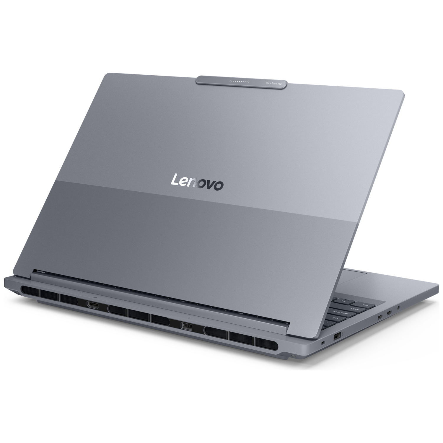 Gray Lenovo laptop with open screen, viewed from the back and side.