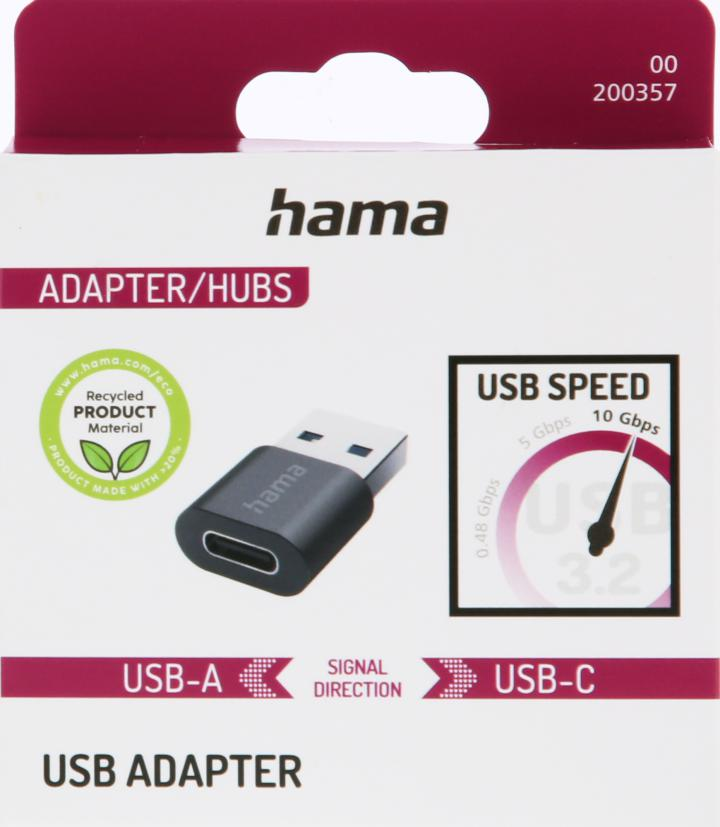 Hama USB-C adaptör: USB-A'dan USB-C'ye, 10 Gbps, geri dönüştürülmüş malzeme.