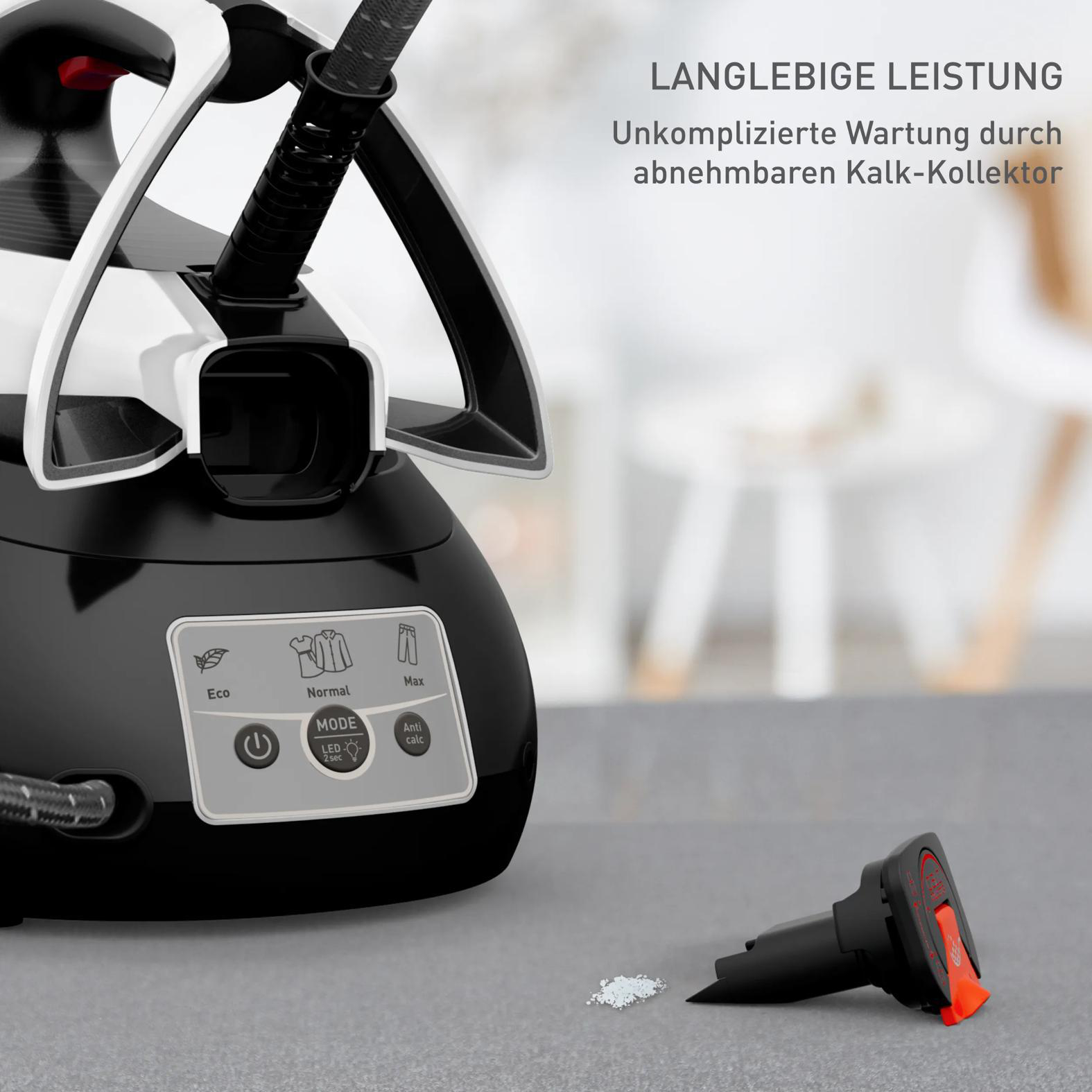 Dampfbügeleinheit mit Bedienelementen und abnehmbarem Kalksammler.