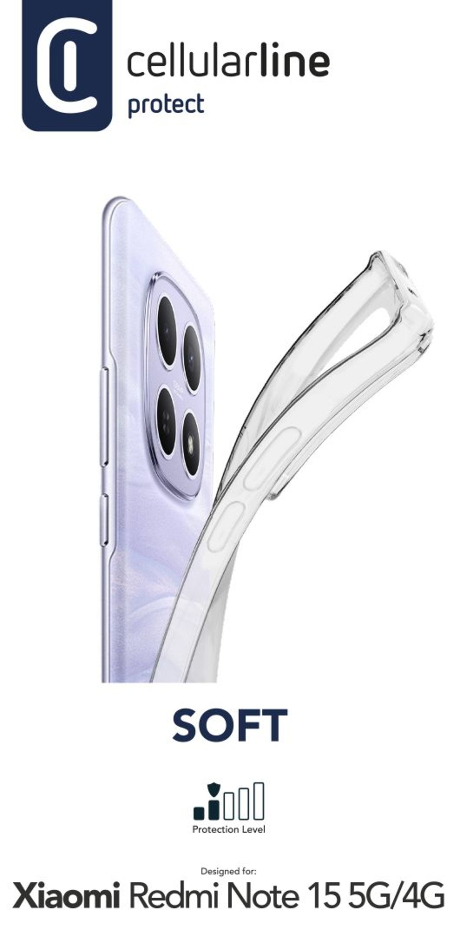 Custodia trasparente per Xiaomi Redmi Note 15 5G/4G con logo.
