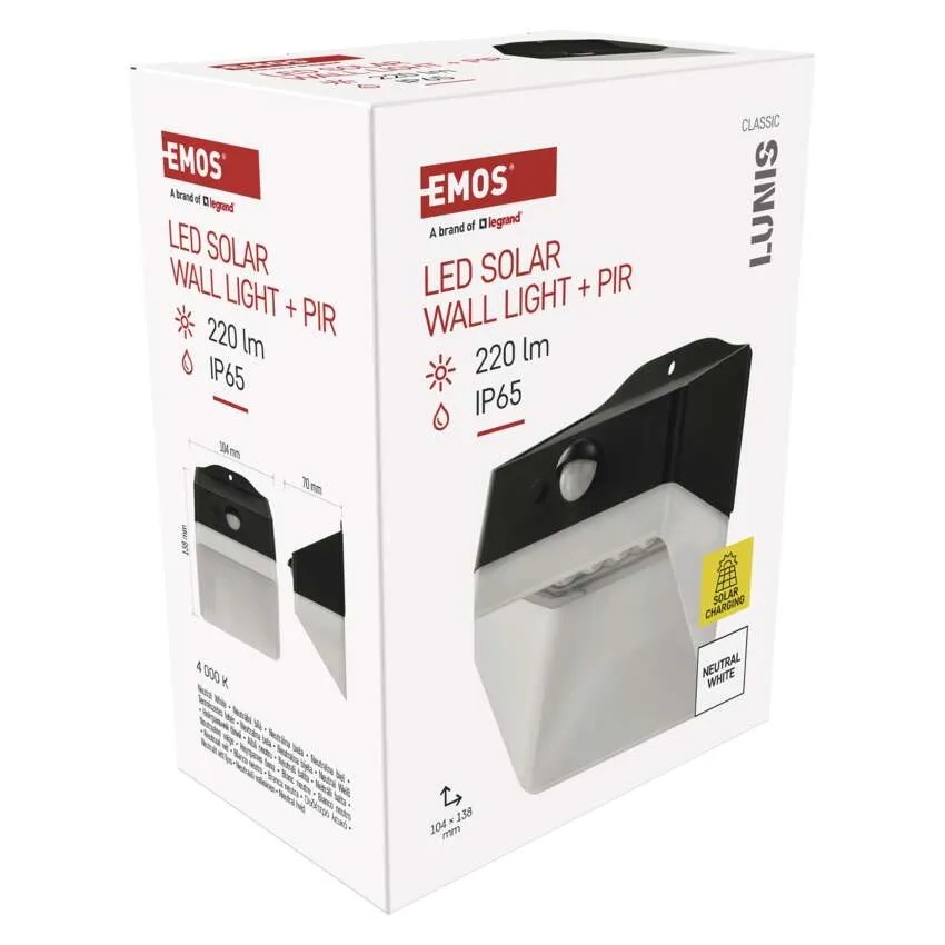 LED-es napelemes, PIR-szenzoros fali lámpa csomagolása, 220 lm, IP65.