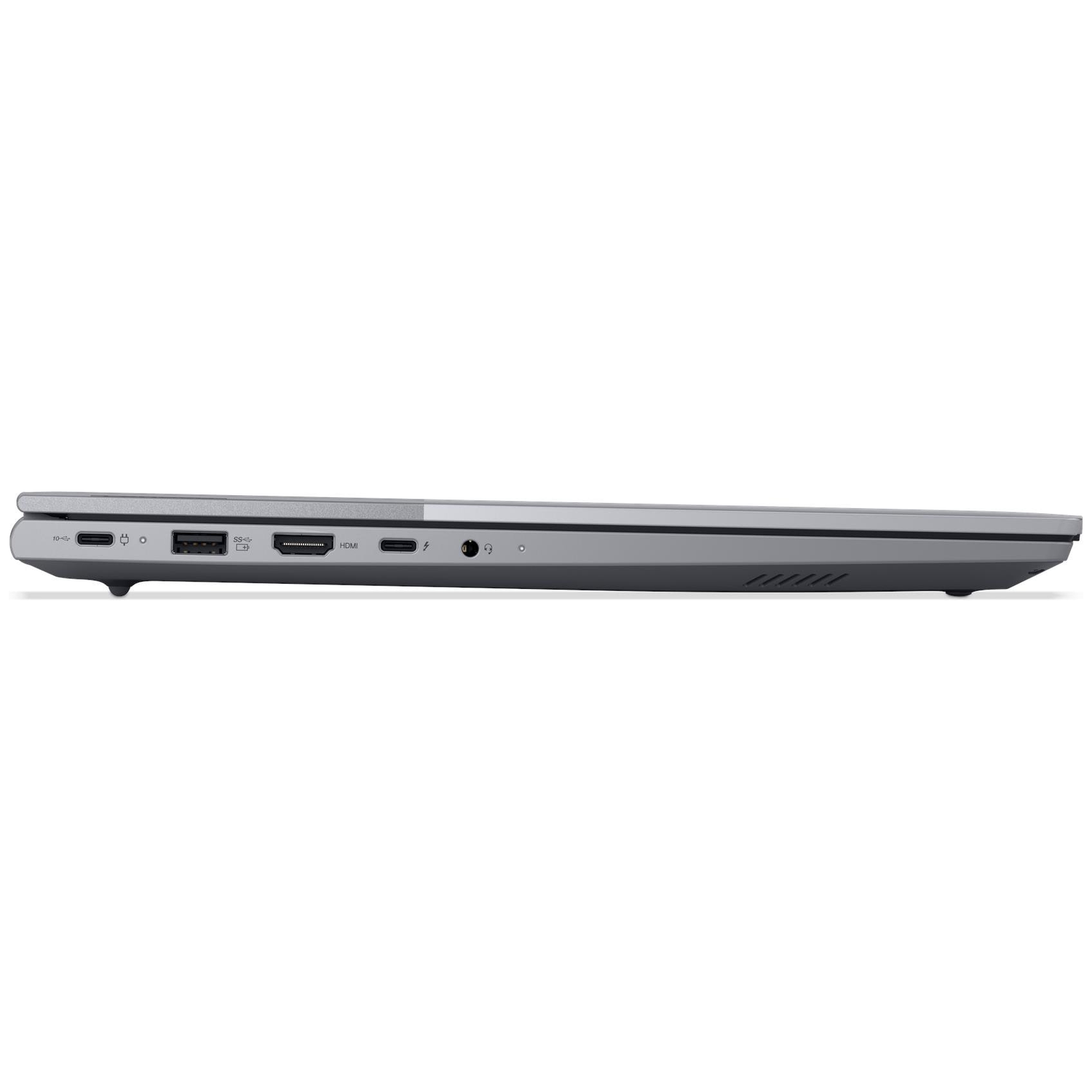 Grijze laptop zijaanzicht met poorten: USB-C, USB-A, HDMI, audio.