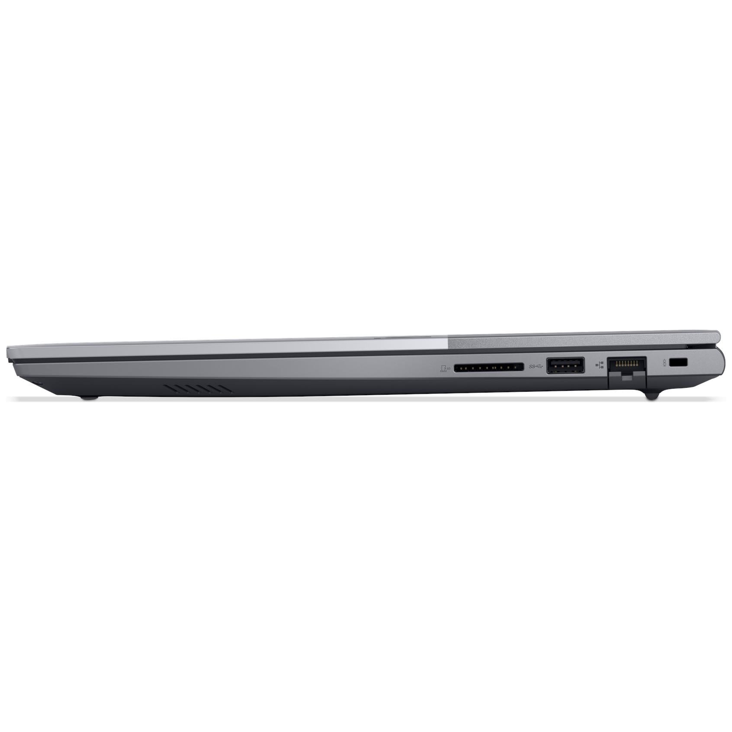 Zijaanzicht van een laptop met poorten: SD-kaartlezer, USB, HDMI.