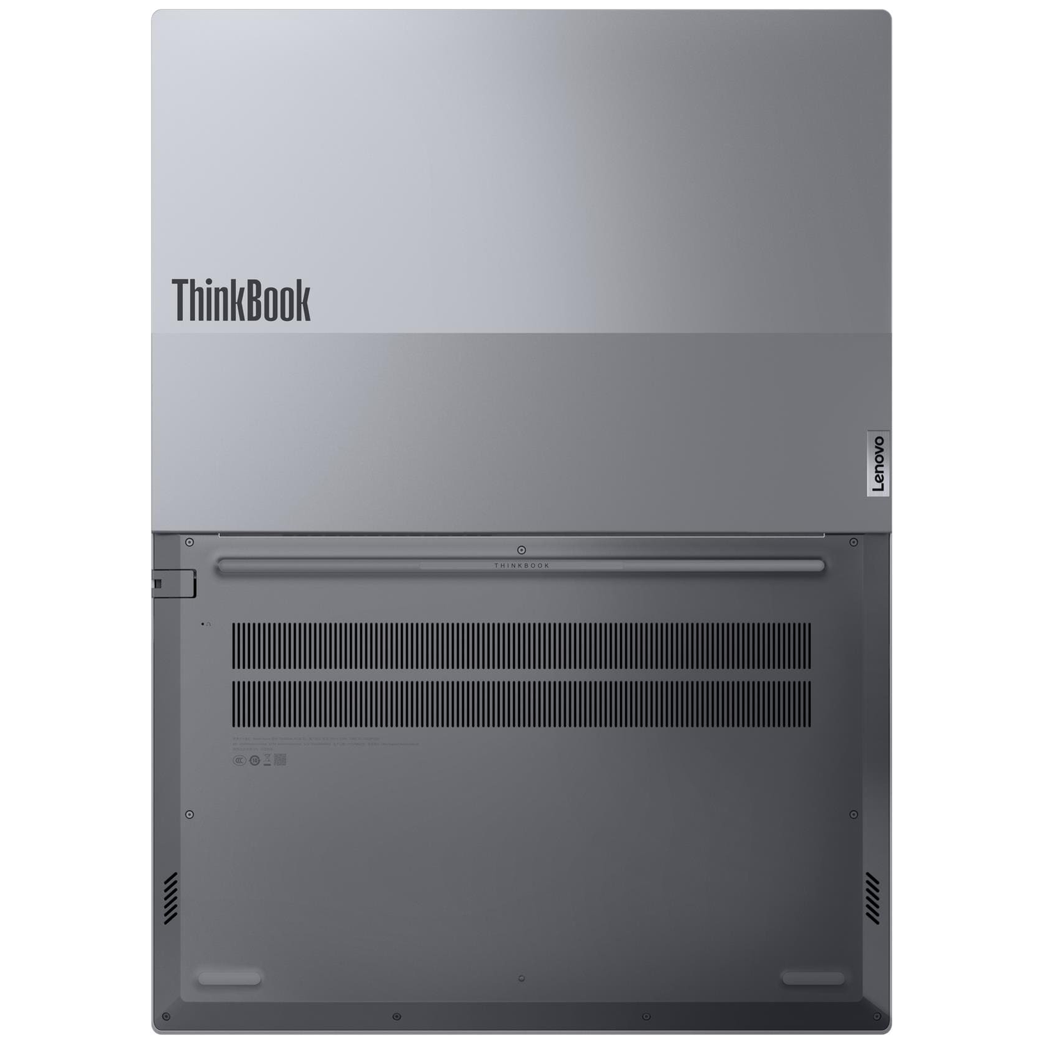 Onderkant van een grijze laptop met ventilatieopeningen en ThinkBook-logo.