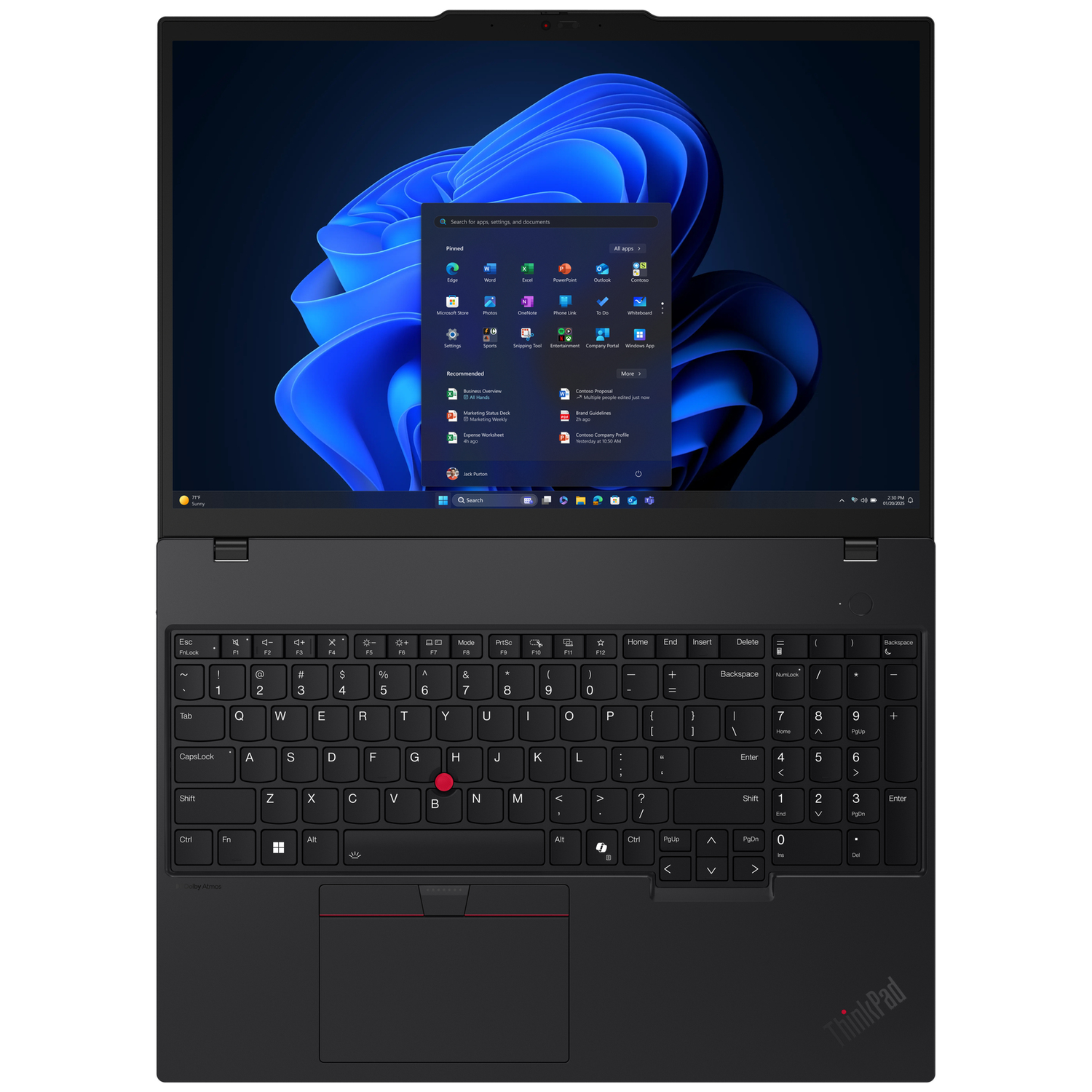 A black laptop with the screen open, showing the Windows 11 Start menu.